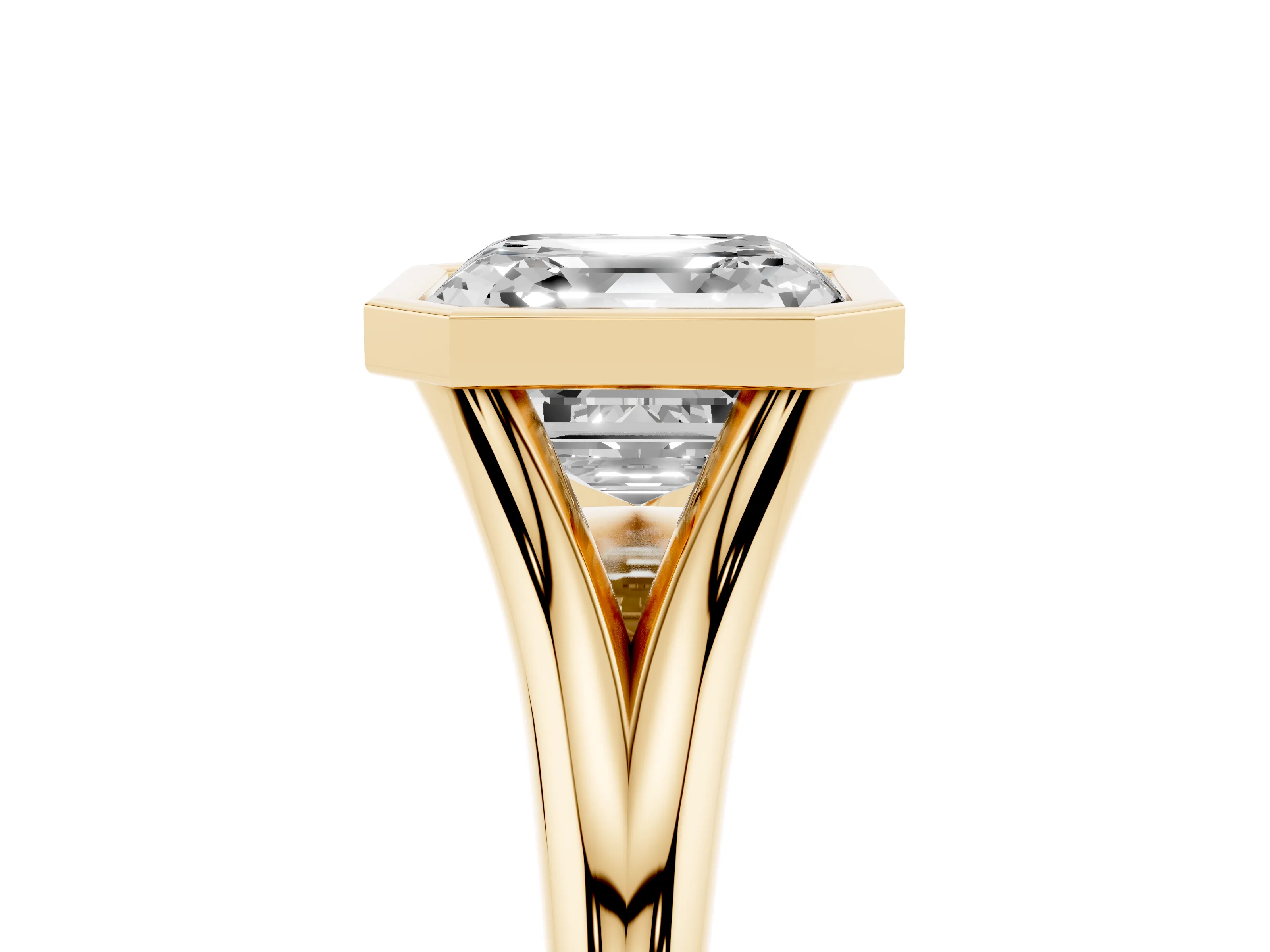 Bezel Set Asscher Cut Diamond Solitaire Ring Set in Yellow gold with Tapered Band