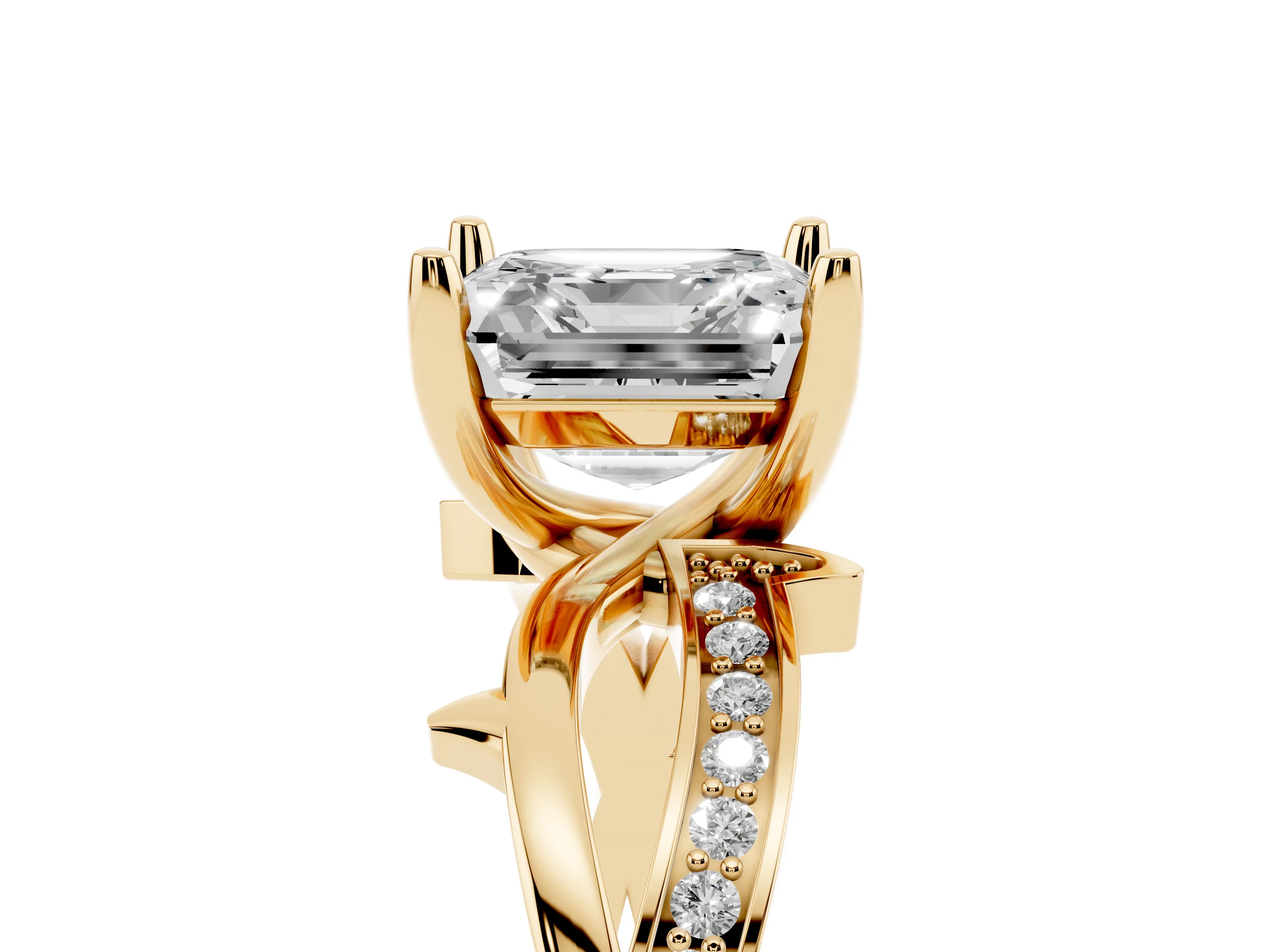 Asscher Cut Diamond Pavé Twist Band Solitaire Ring Set in Yellow gold with Prong Setting