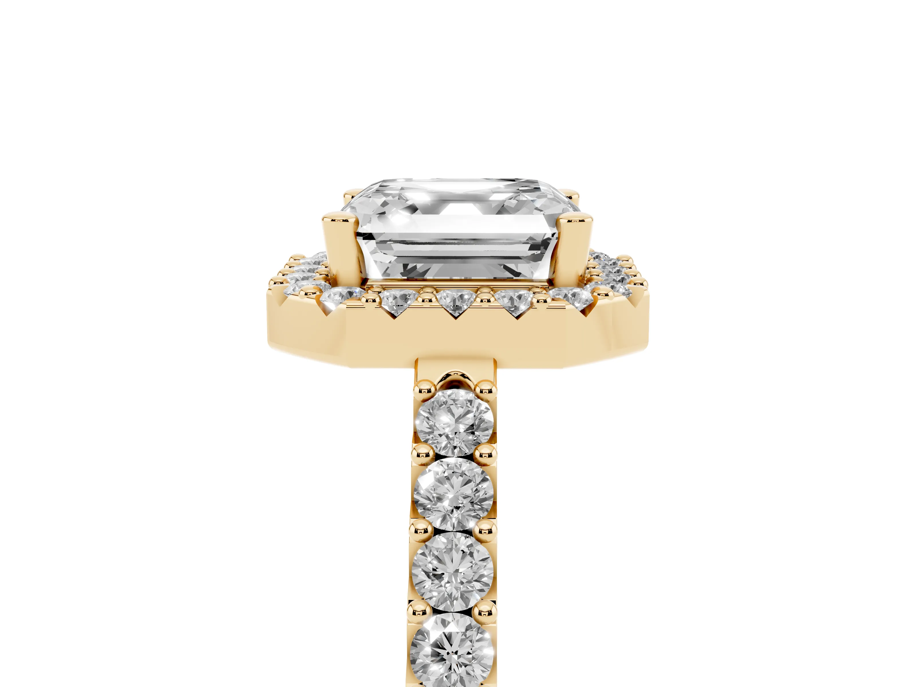 Asscher Cut Diamond Halo Pavé Solitaire Ring Set in Yellow gold with Prong-Set Center Stone