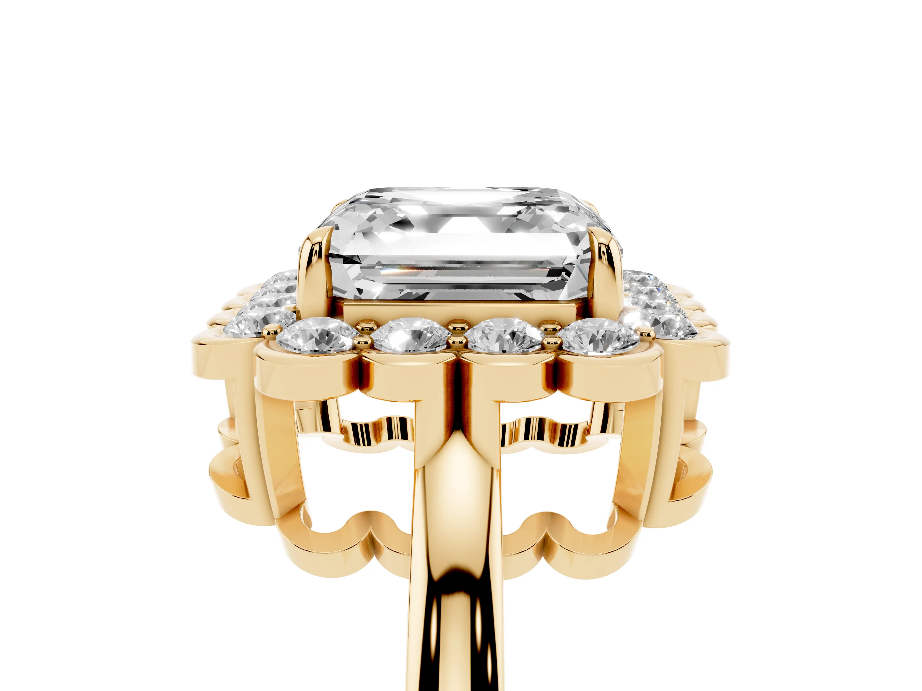 Asscher Cut Diamond Halo Cluster Engagement Ring Set in Yellow gold with Solitaire Band and Prong Setting