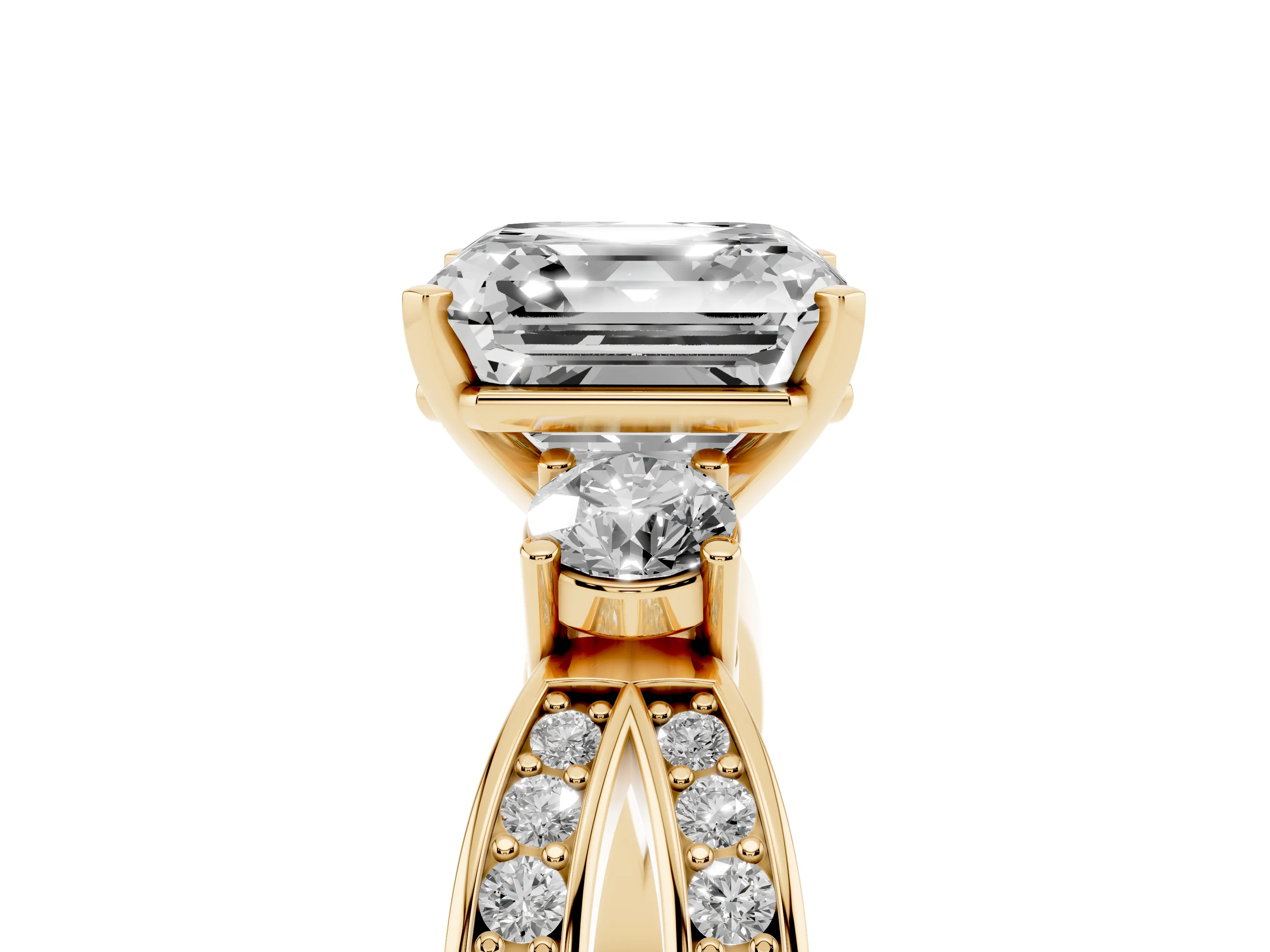 Three-Stone Asscher Cut Diamond Twist Band Ring Set in Yellow gold with Pavé Accents and Prong Setting