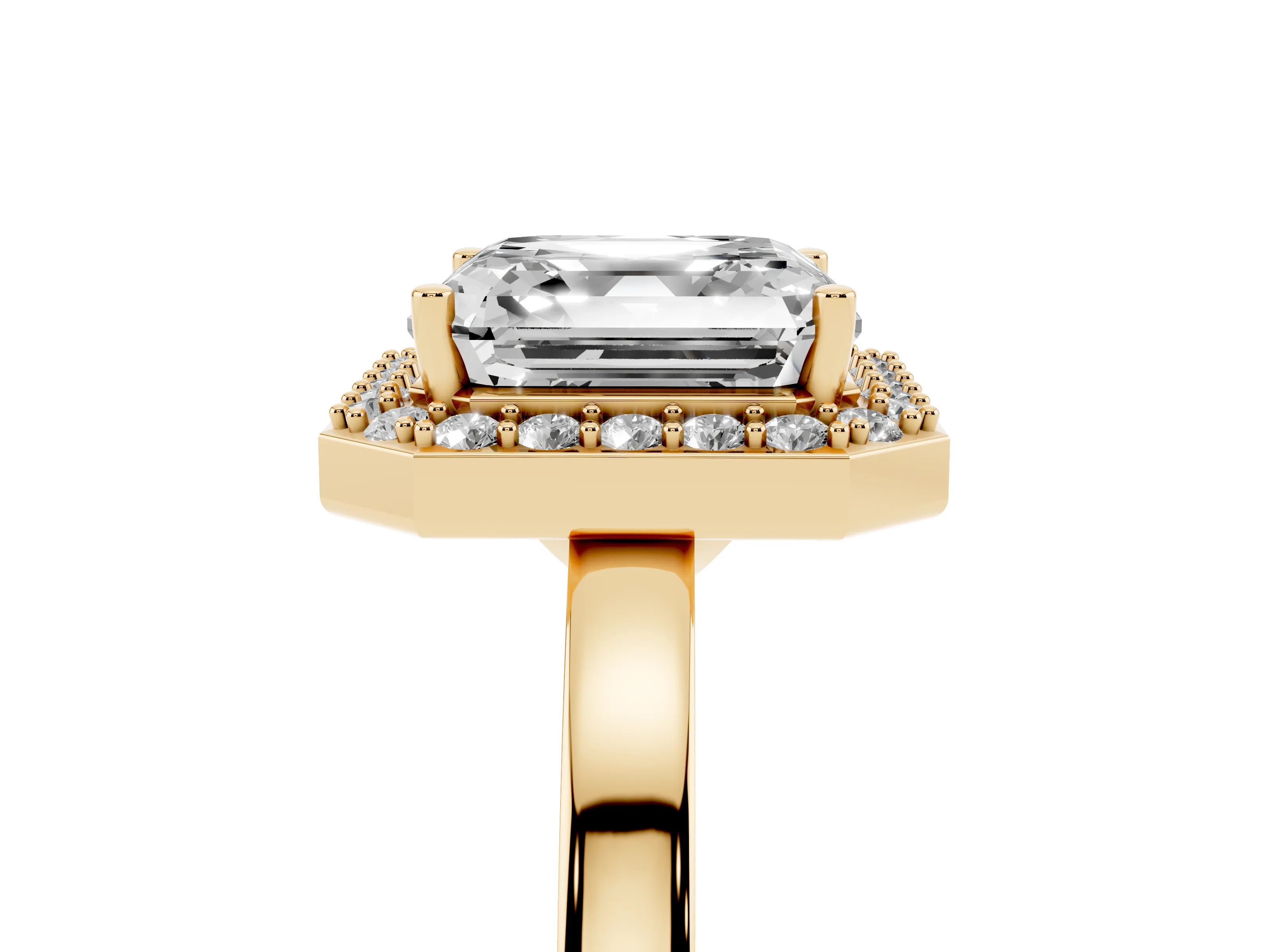 Asscher Cut Diamond Halo Ring Set in Yellow gold with Solitaire Band and Prong Setting
