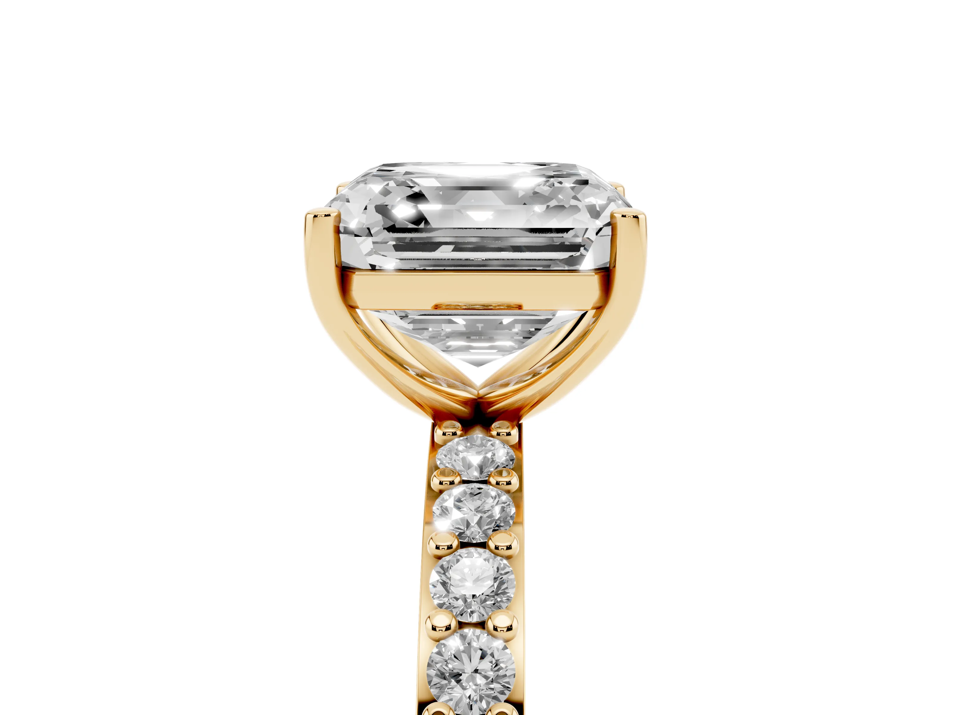 Asscher Cut Diamond Solitaire Set in Yellow gold with Round Pavé Band and Prong Setting
