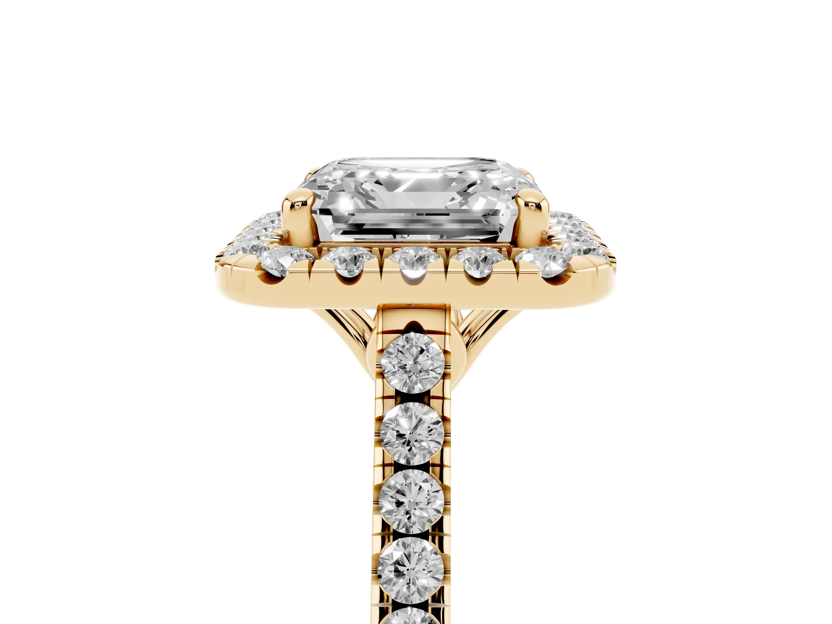 Asscher Cut Diamond Pavé Halo Engagement Ring Set in Yellow gold with Pavé Band and Prong Setting