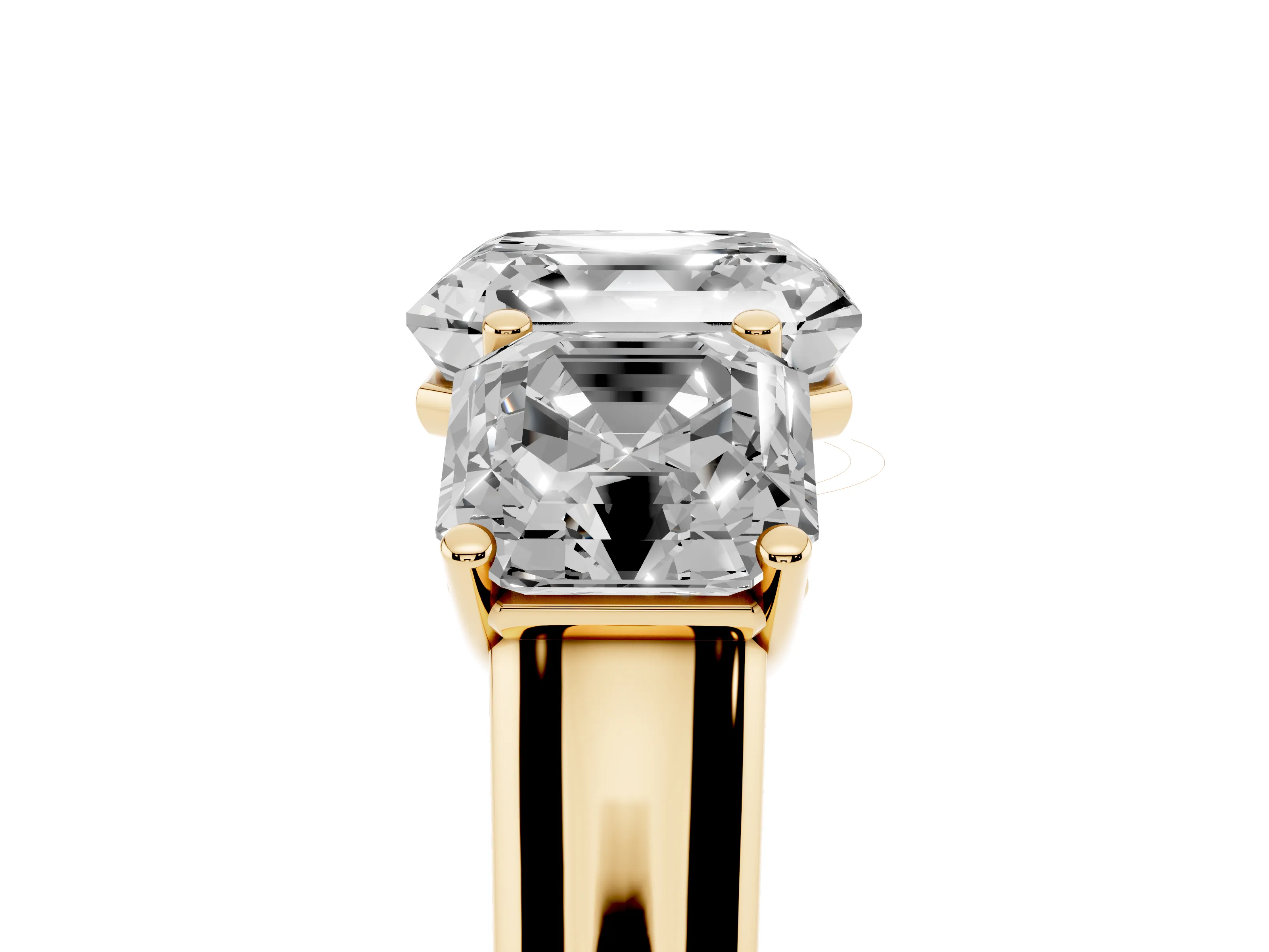 Asscher Cut Diamond Three-Stone Ring Set in Yellow gold with Plain Polished Band