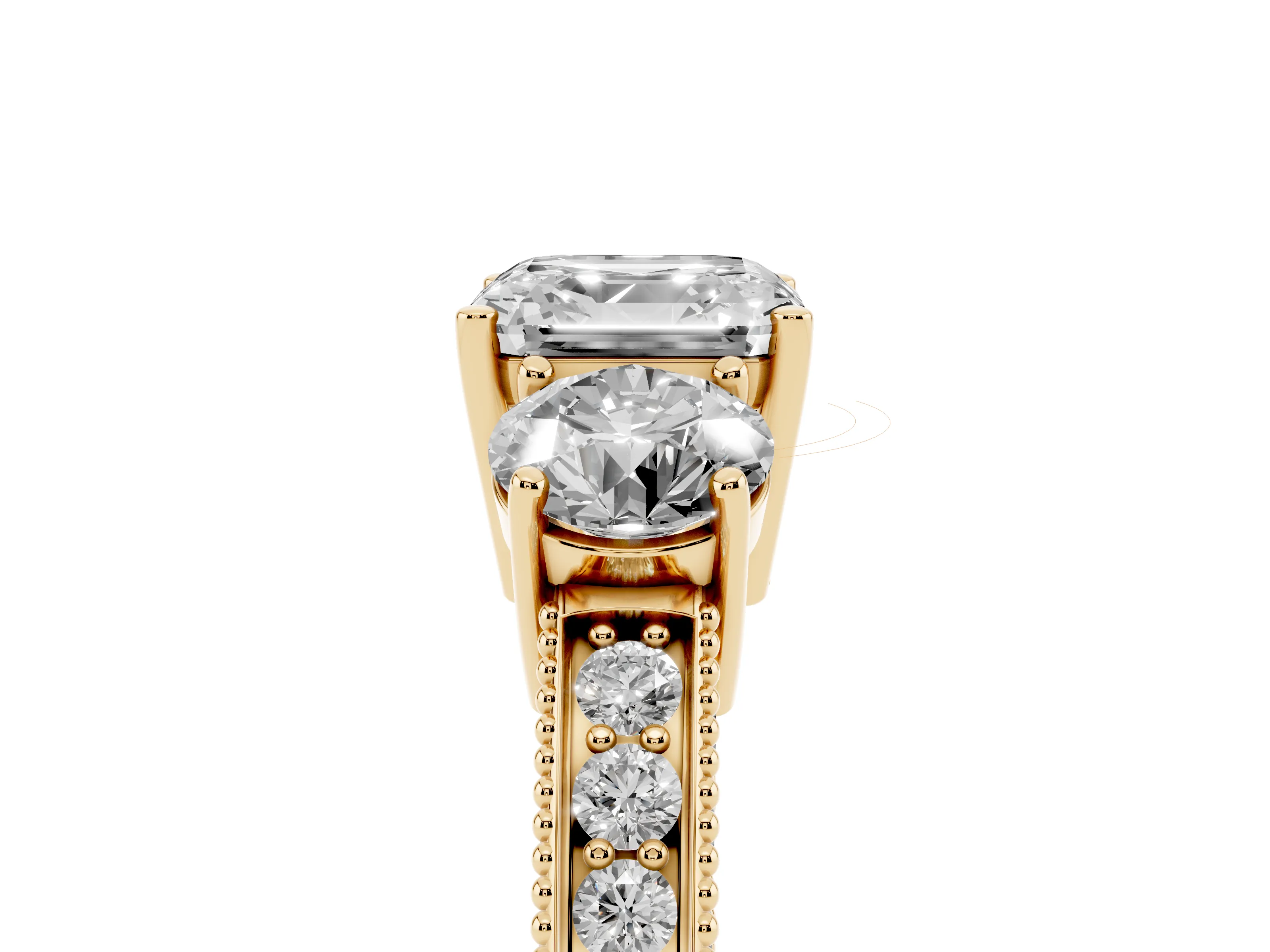 Asscher Cut Diamond Three-Stone Ring Set in Yellow gold with Round Side Stones and Pavé Band