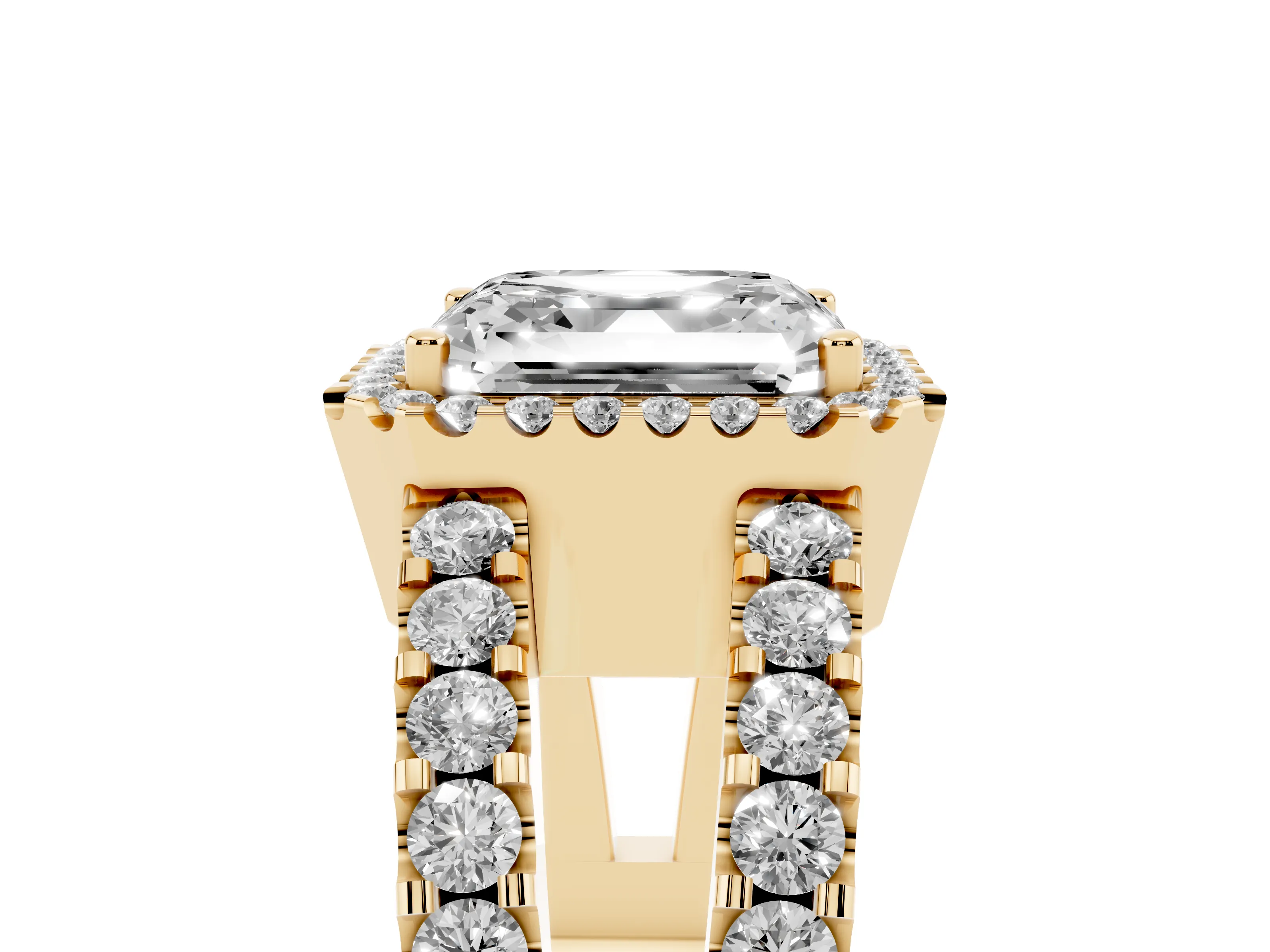 Asscher Cut Diamond Halo Ring Set in Yellow gold with Pavé Split Shank and Prong Setting