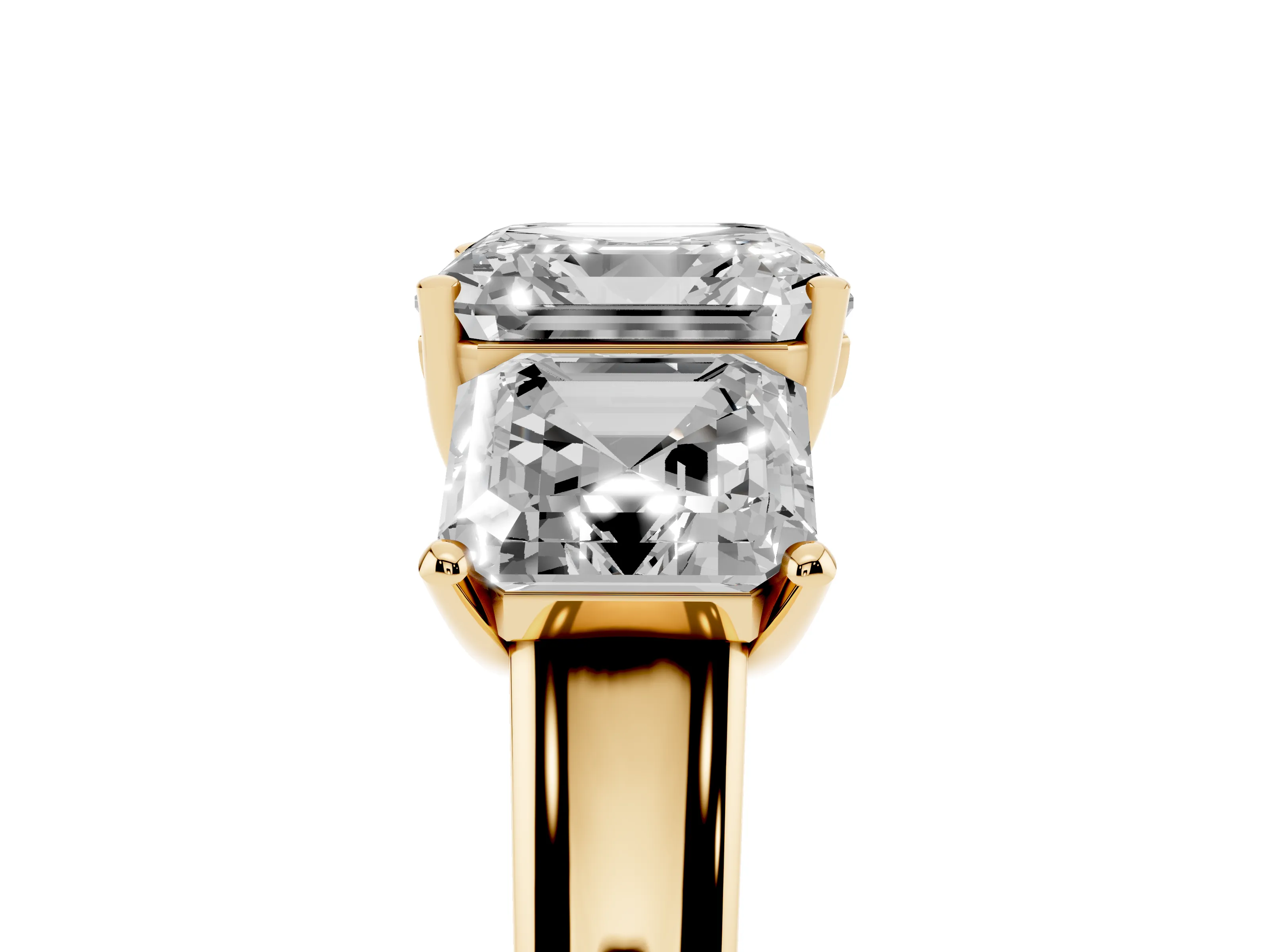 Asscher Cut Diamond Three-Stone Ring Set in Yellow gold with Classic Prong Setting and Plain Band