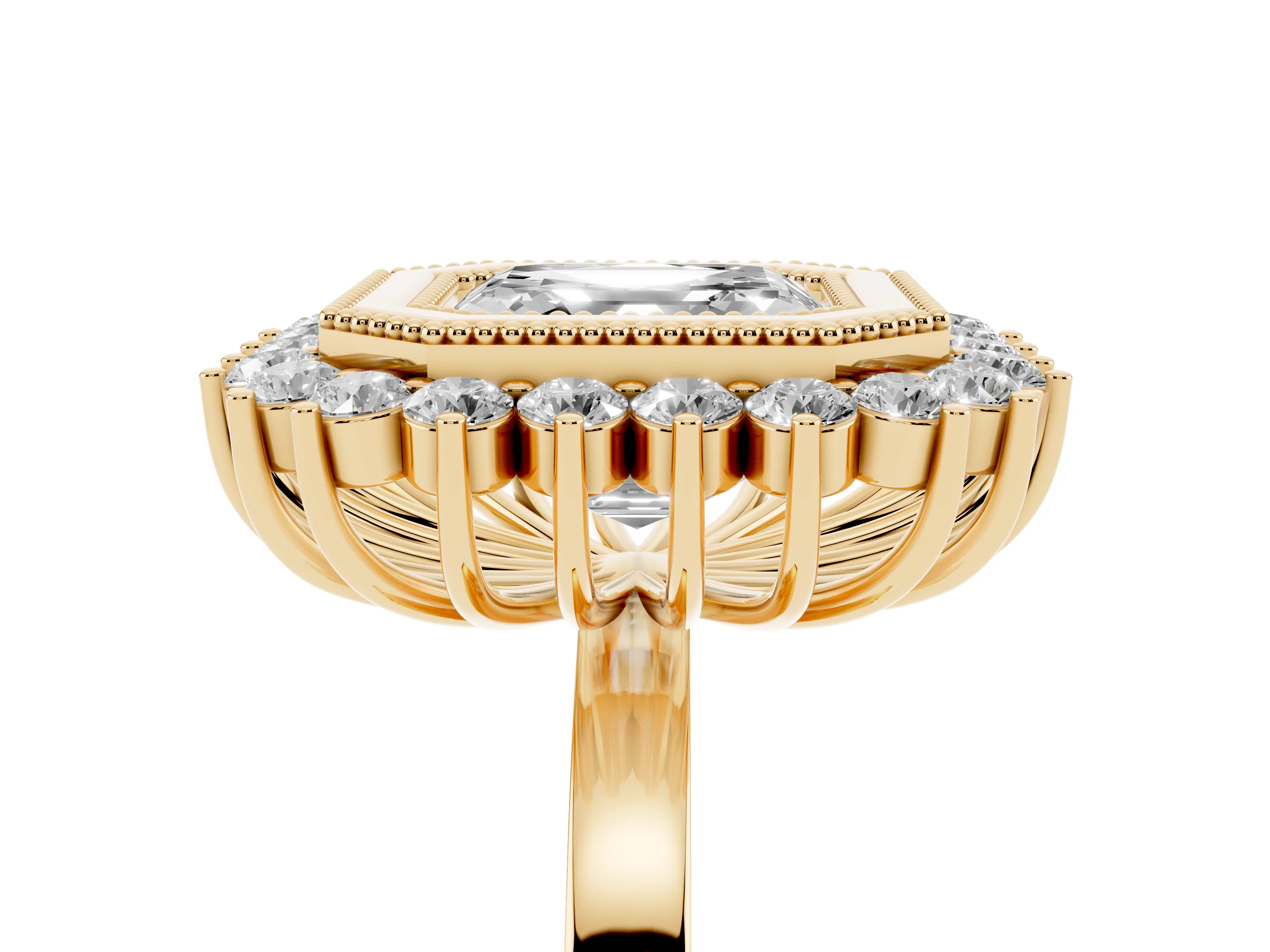 Asscher Cut Diamond Halo Ring Set in Yellow gold with Milgrain Edge and Round Prong Setting