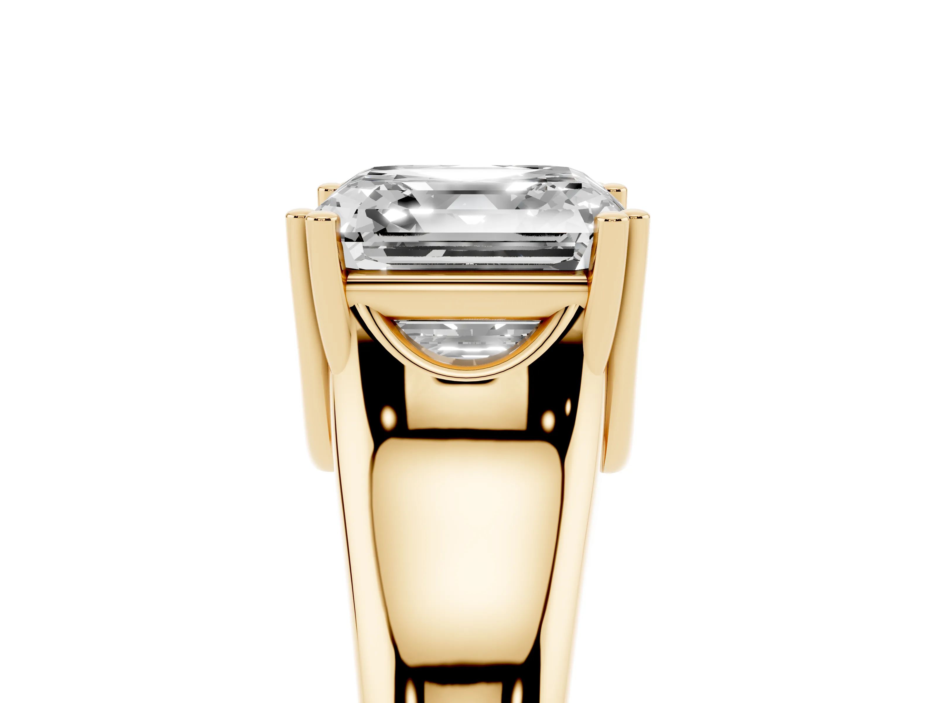 Asscher Cut Diamond Solitaire Ring Set in Yellow gold with Wide Band and Prong Setting