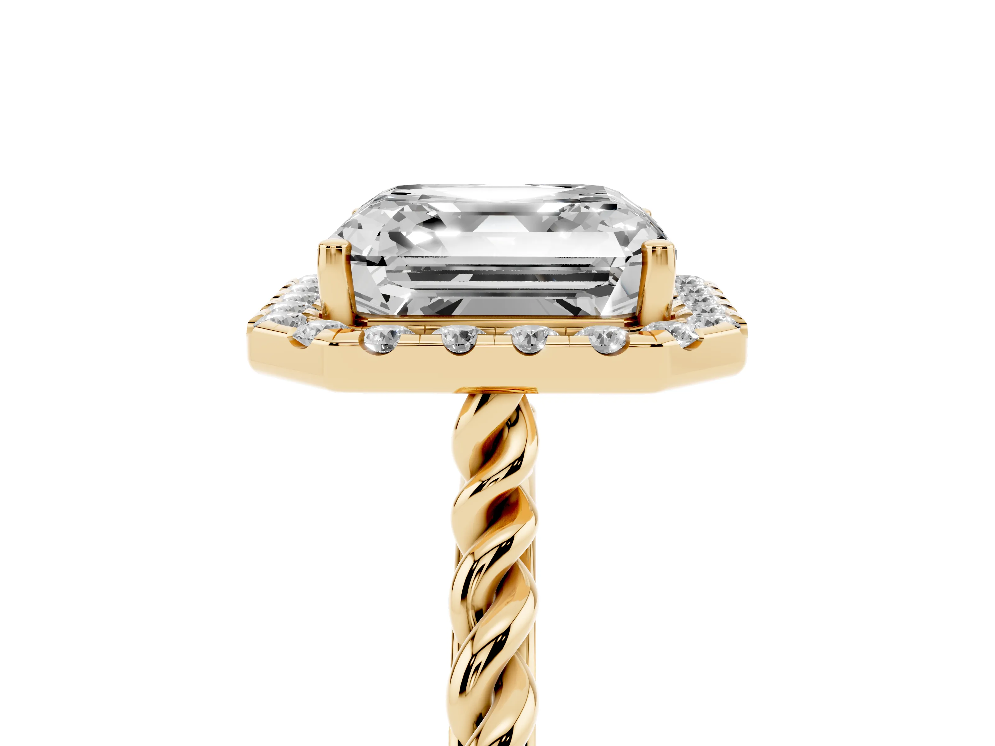 Asscher Cut Diamond Halo Ring Set in Yellow gold with Plain Twisted Band
