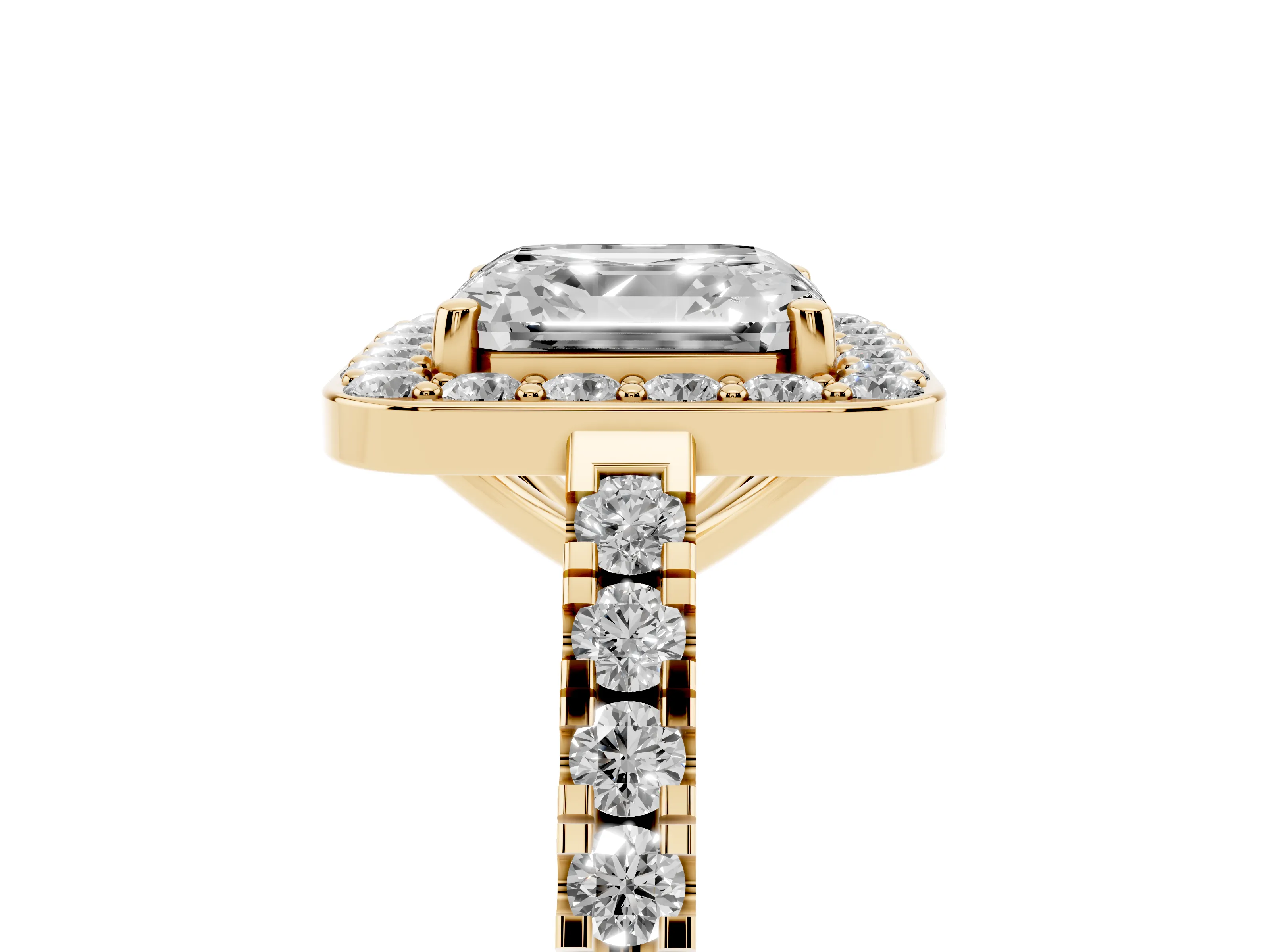 Asscher Cut Diamond Halo Ring Set in Yellow gold with Round Pavé Split Shank and Prong Setting