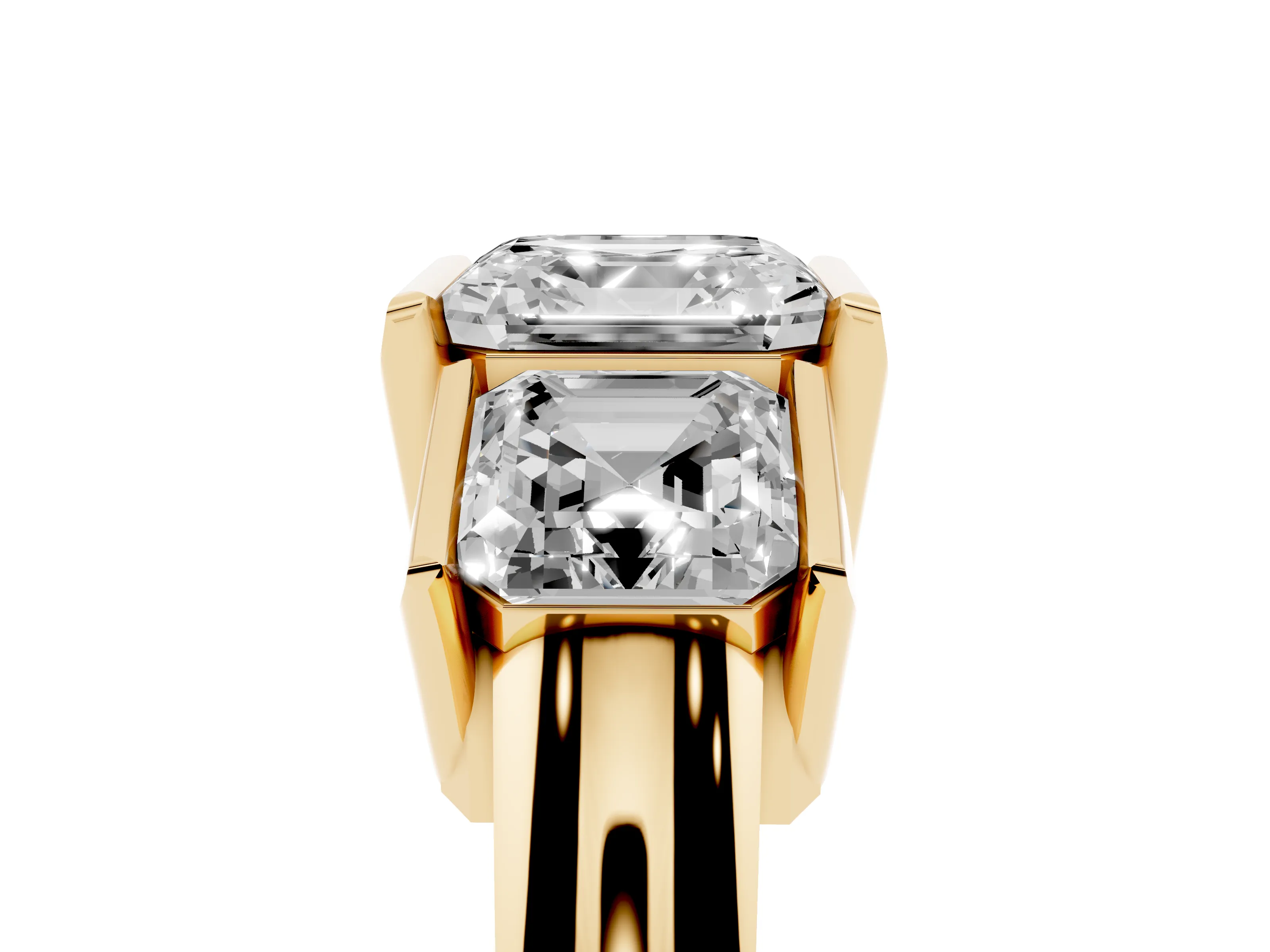 Asscher Cut Diamond Three-Stone Channel Set Ring Set in Yellow gold with Smooth Polished Band