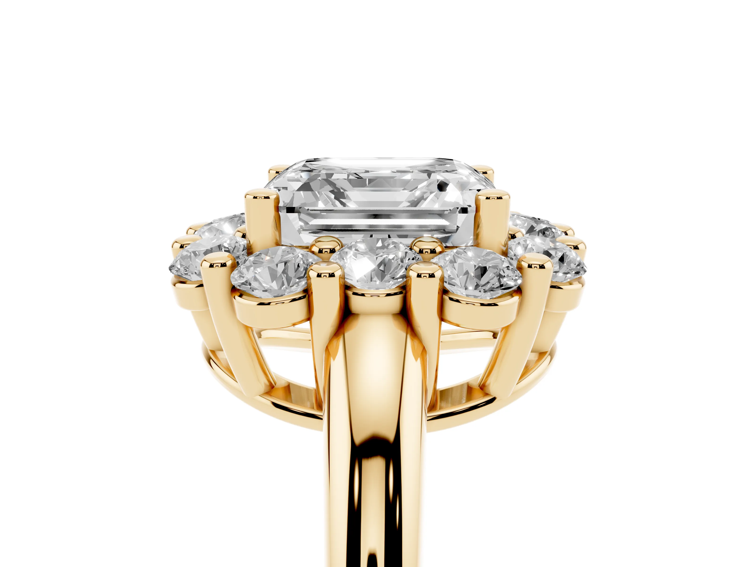 Asscher Cut Diamond Halo Cluster Engagement Ring Set in Yellow gold with Polished Band and Prong Setting