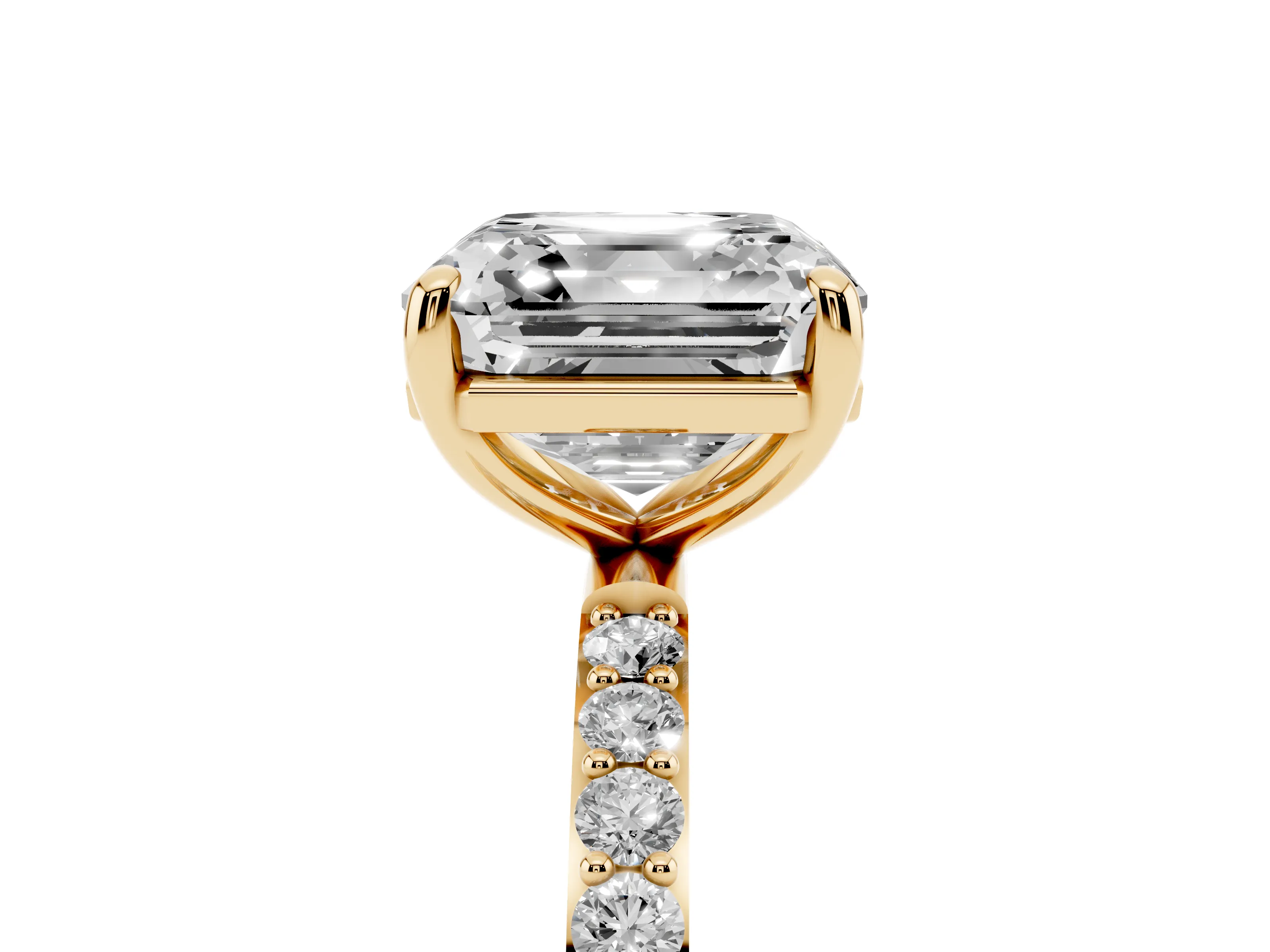 Asscher Cut Diamond Solitaire Ring Set in Yellow gold with Round Pavé Band and Prong Setting