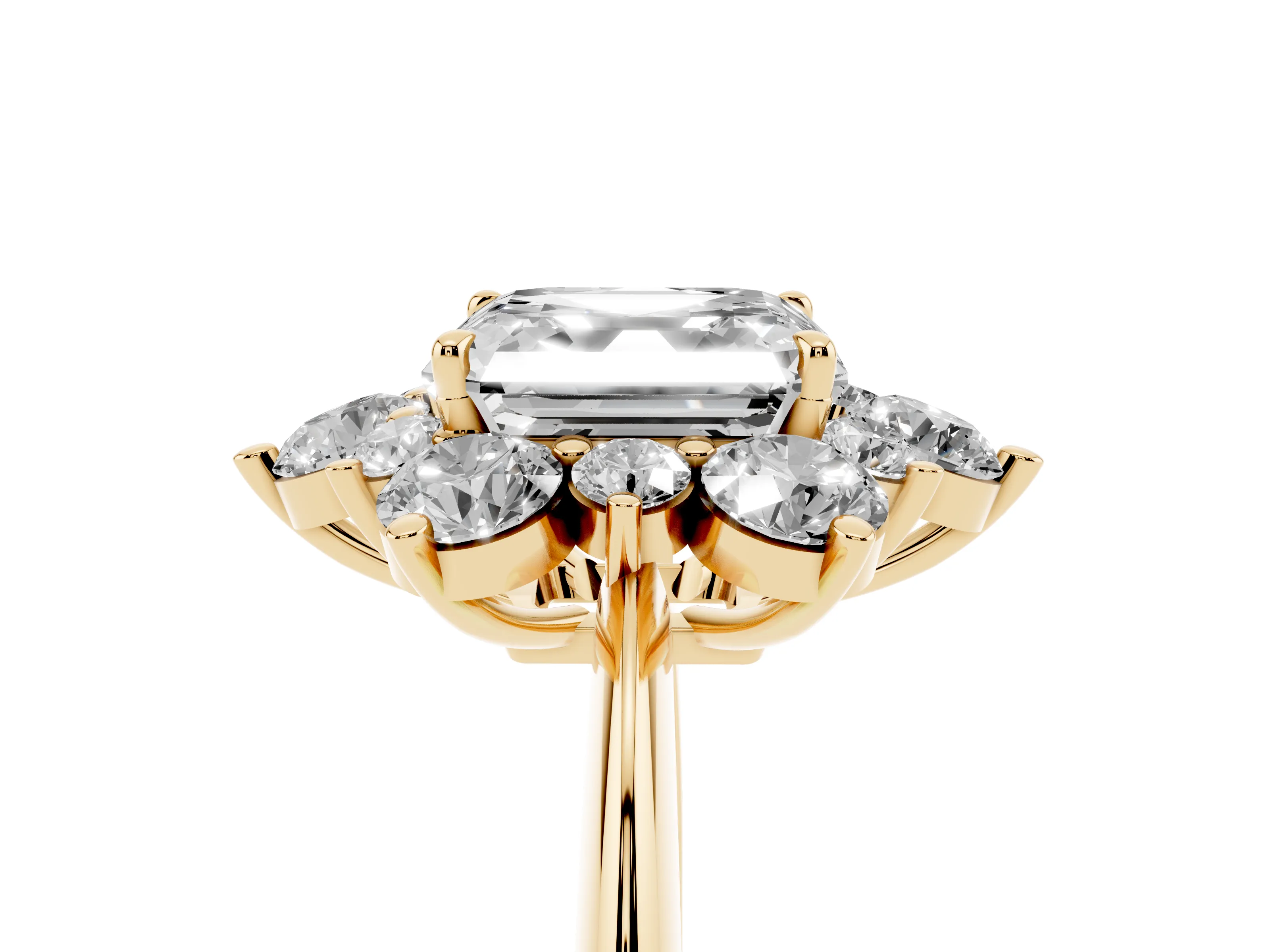 Asscher Cut Diamond Cluster Halo Ring Set in Yellow gold with Solitaire Band and Prong Setting