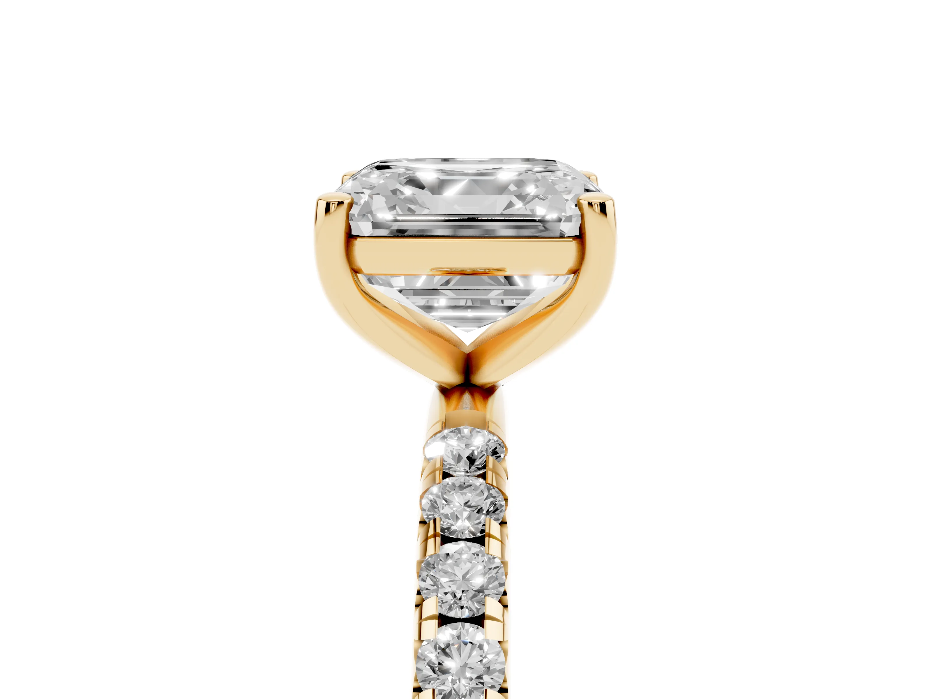 Asscher Cut Diamond Solitaire Ring Set in Yellow gold with Micro Pavé Band and Prong Setting