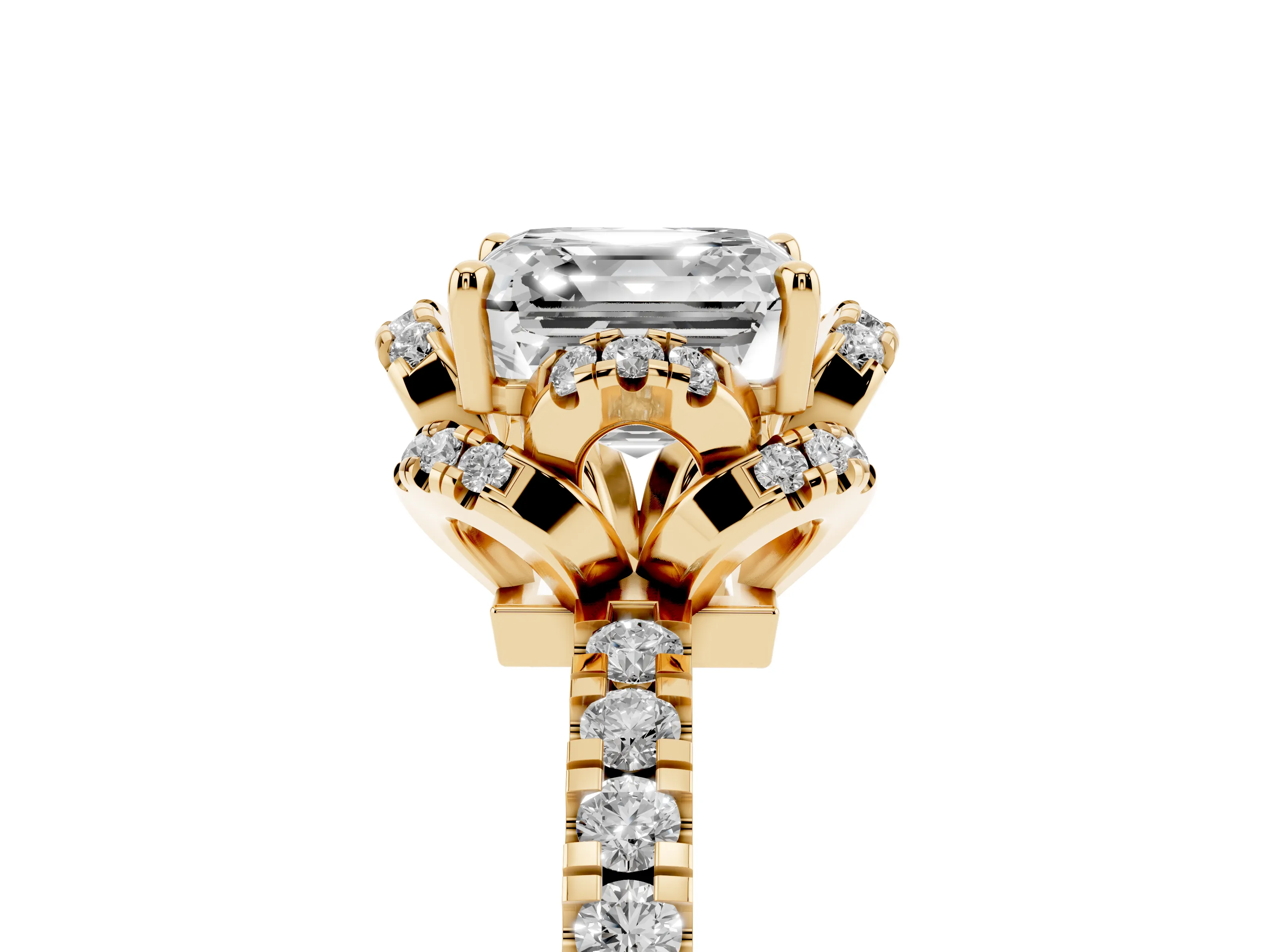 Asscher Cut Diamond Halo Pavé Ring Set in Yellow gold with Prong-Held Center Stone