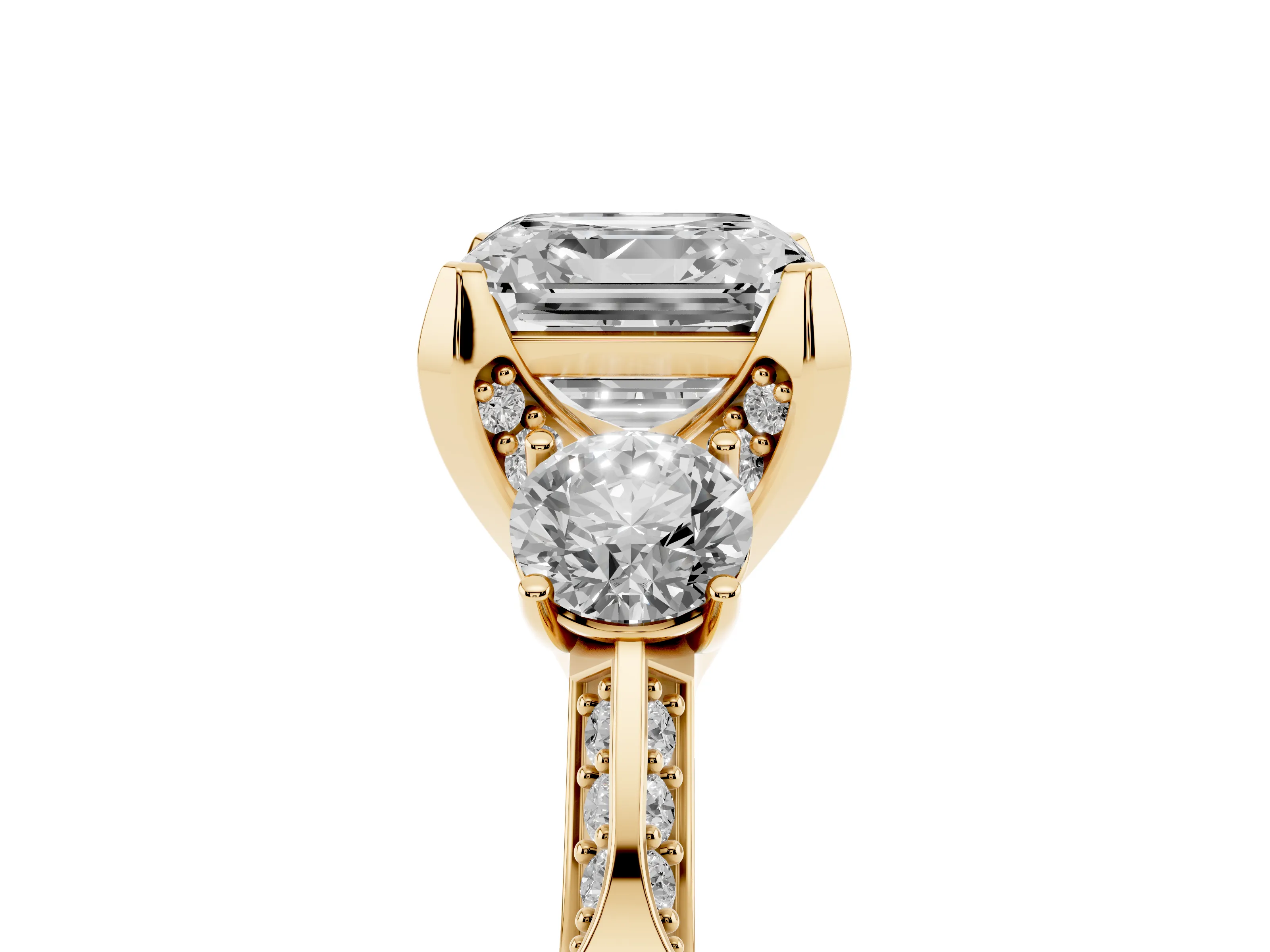 Asscher Cut Diamond Three-Stone Ring Set in Yellow gold with Pavé Band and Smaller Side Stones