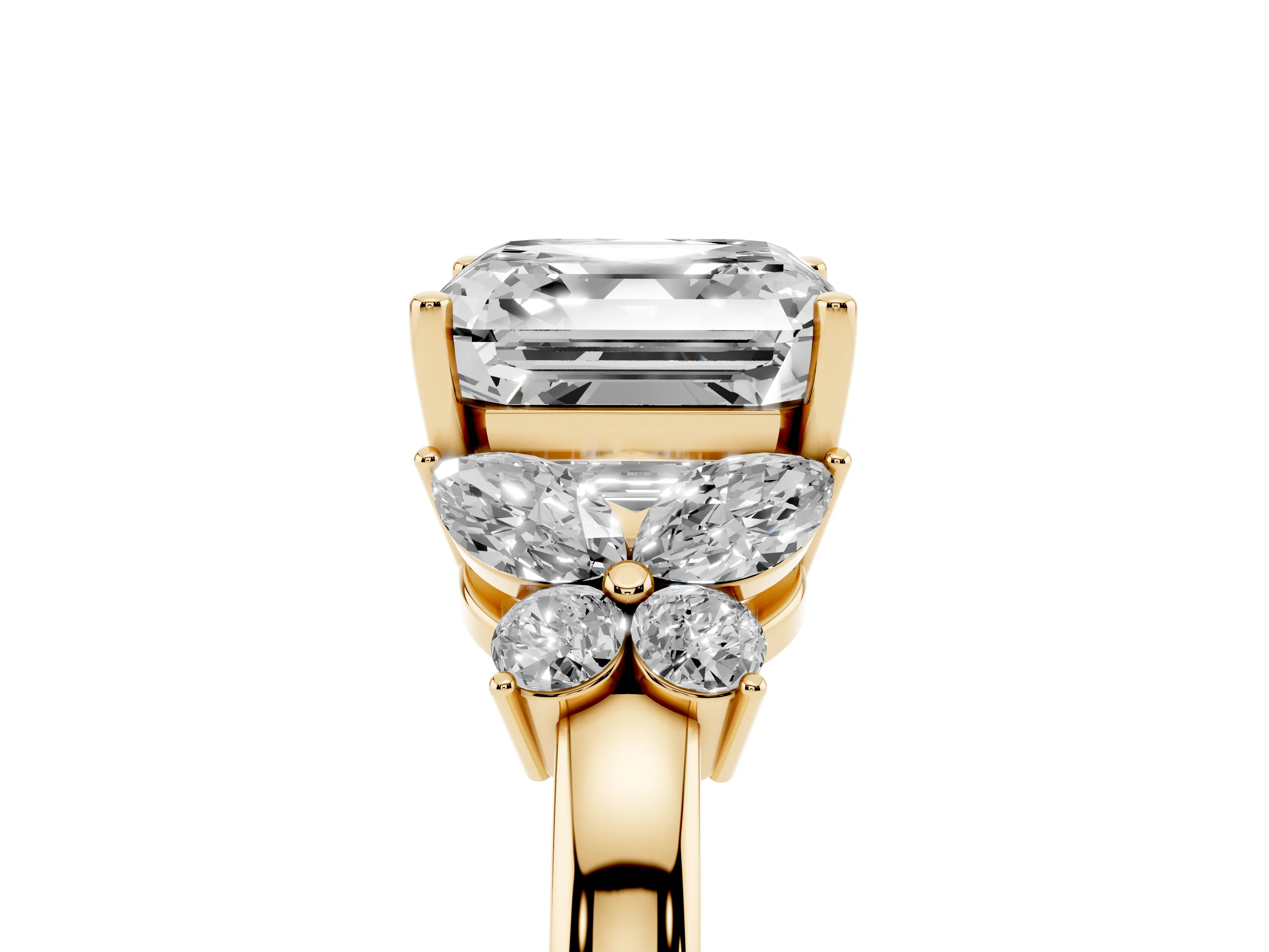 Asscher Cut Diamond Solitaire Floral Ring Set in Yellow gold with Marquise Petals and Prong Setting