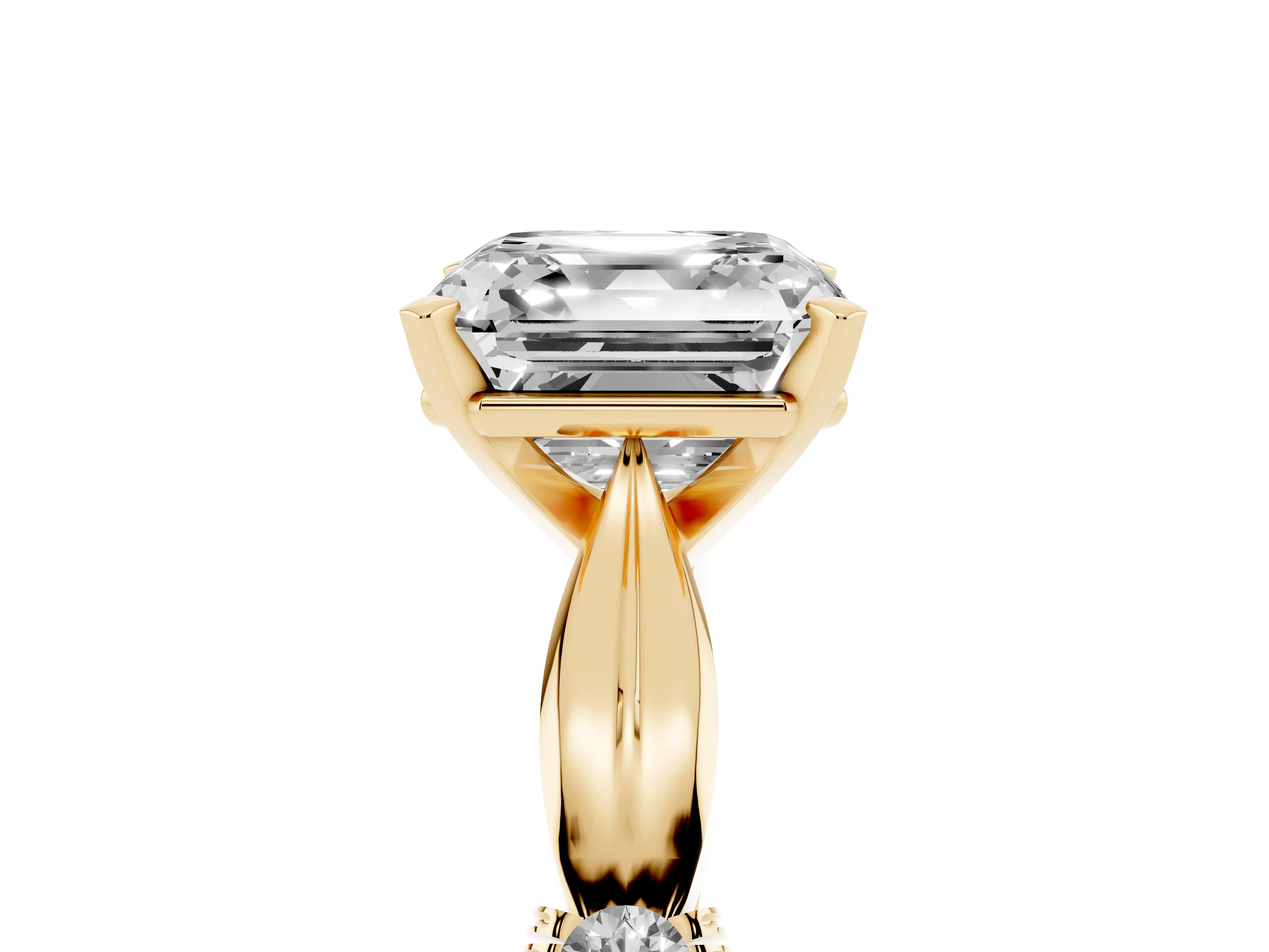 Asscher Cut Diamond Solitaire Twisted Band Ring Set in Yellow gold with Accent Stones and Prong Setting