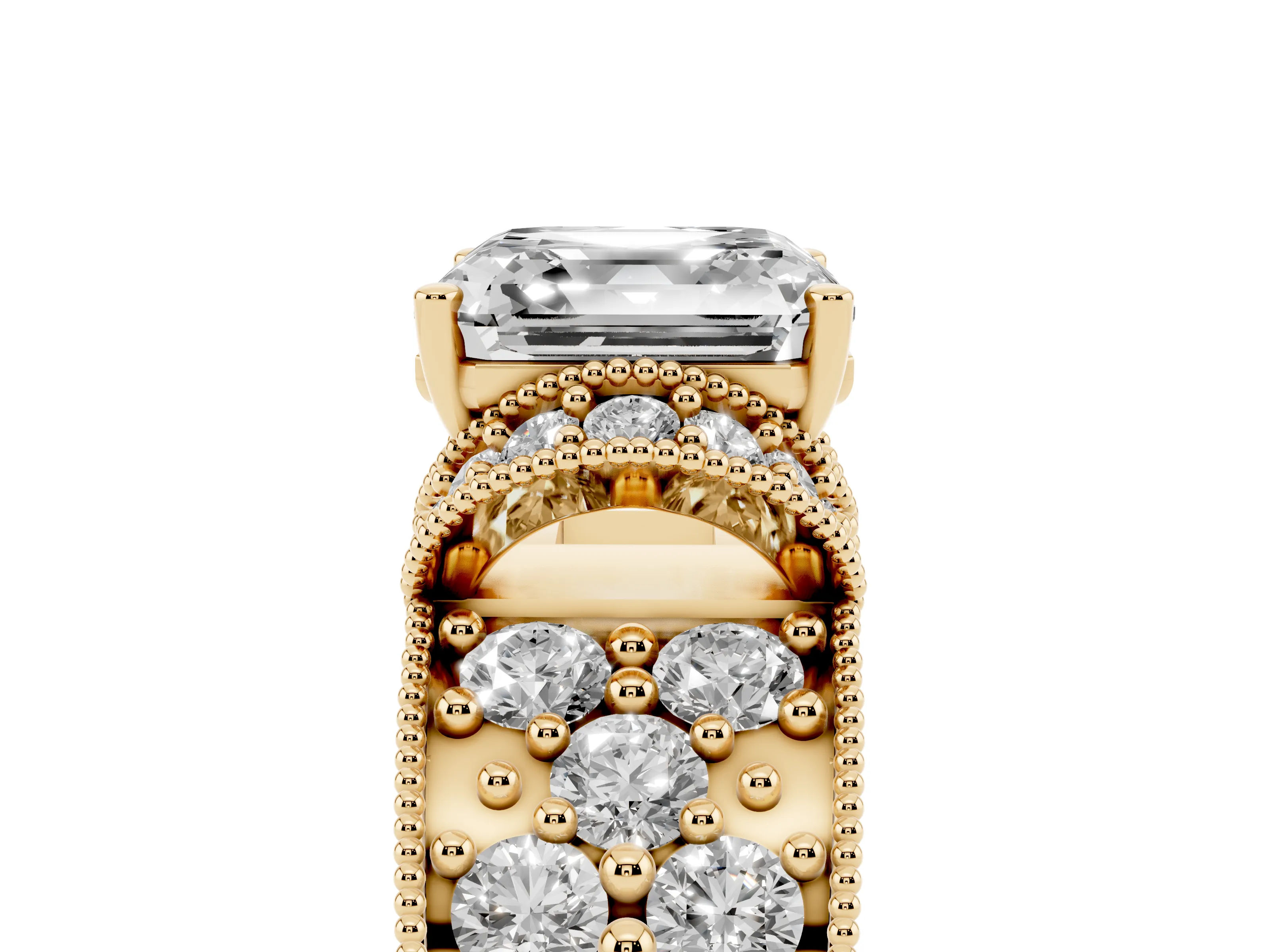 Asscher Cut Diamond Milgrain Halo Pavé Engagement Ring Set in Yellow gold with Prong Setting