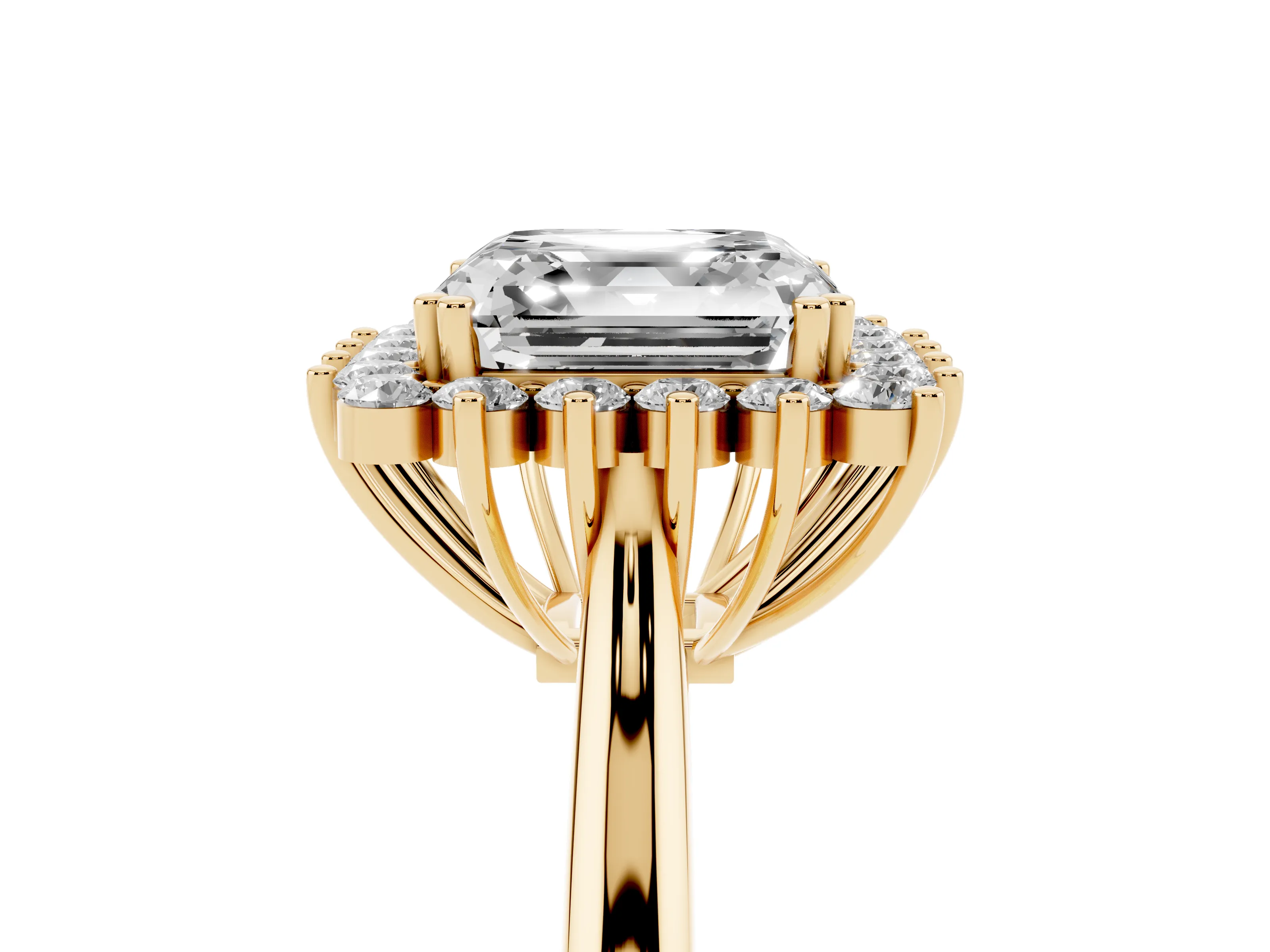 Asscher Cut Diamond Halo Ring Set in Yellow gold with Plain Solitaire Band and Prong Setting