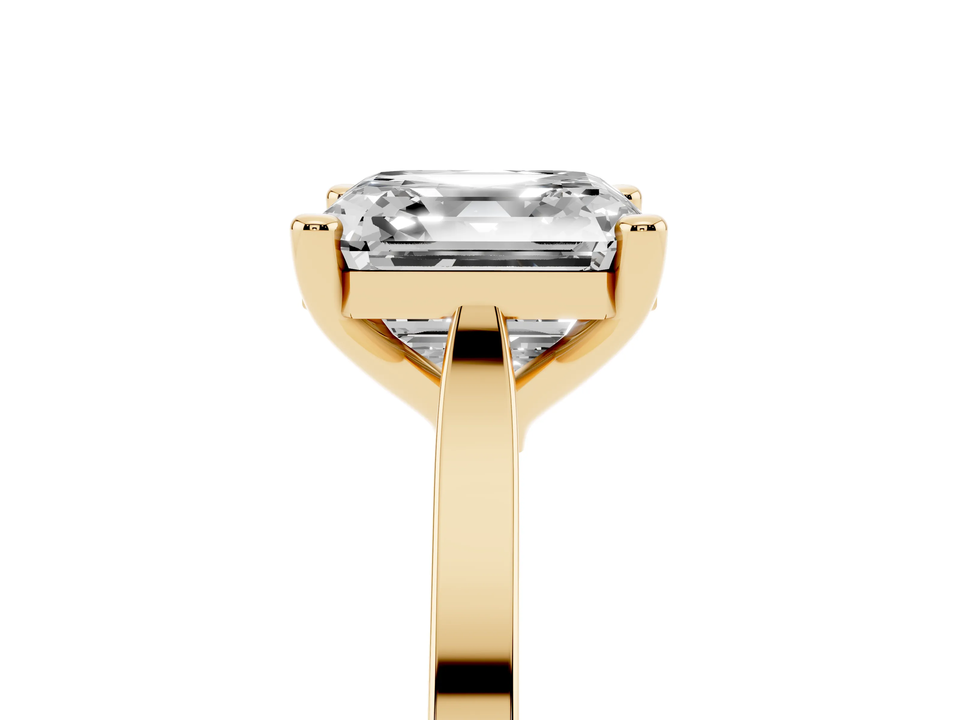 Asscher Cut Diamond Solitaire Ring Set in Yellow gold with Prong Setting and Tapered Band