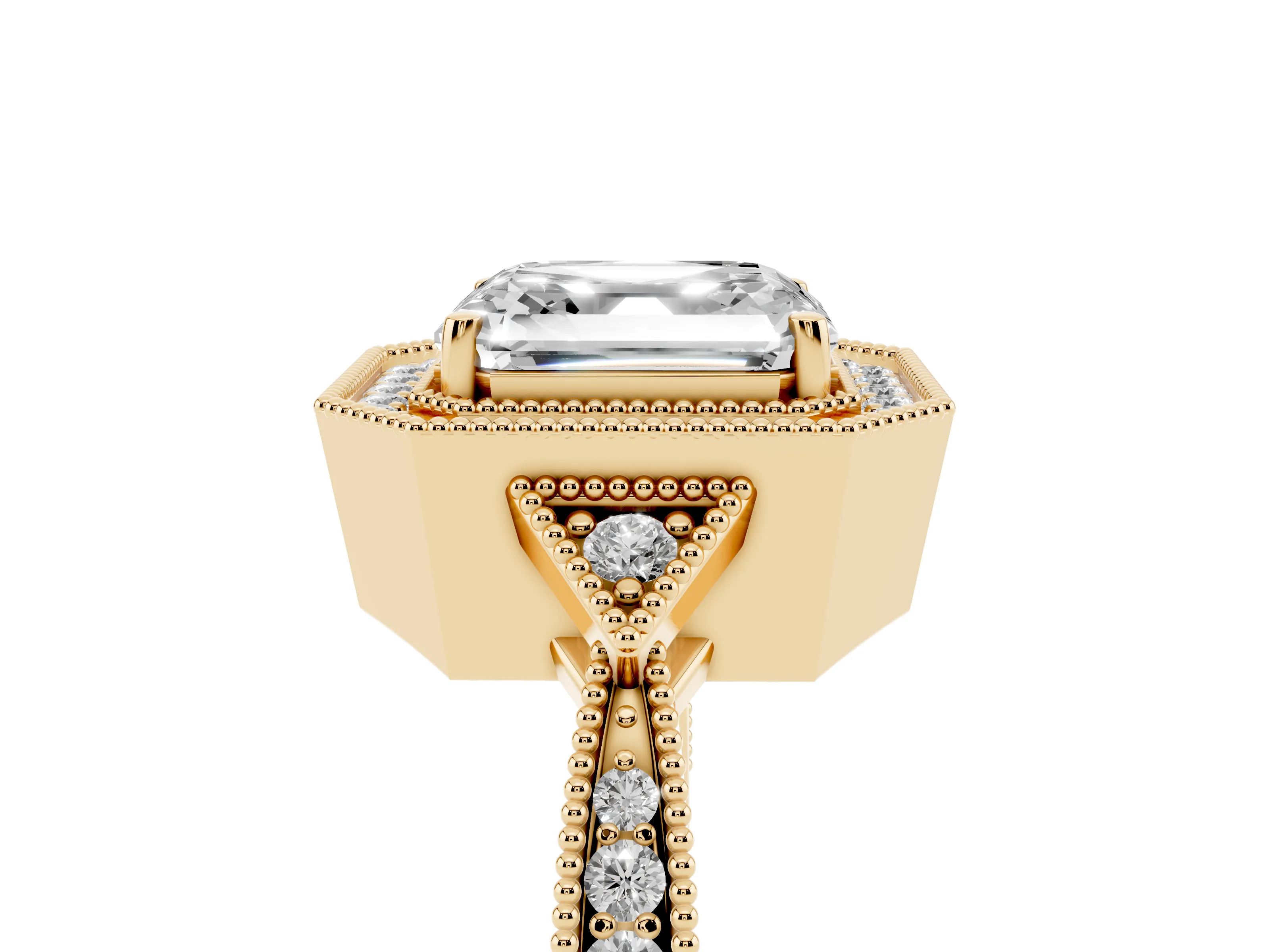 Asscher Cut Diamond Halo Engagement Ring Set in Yellow gold with Milgrain Pavé Band