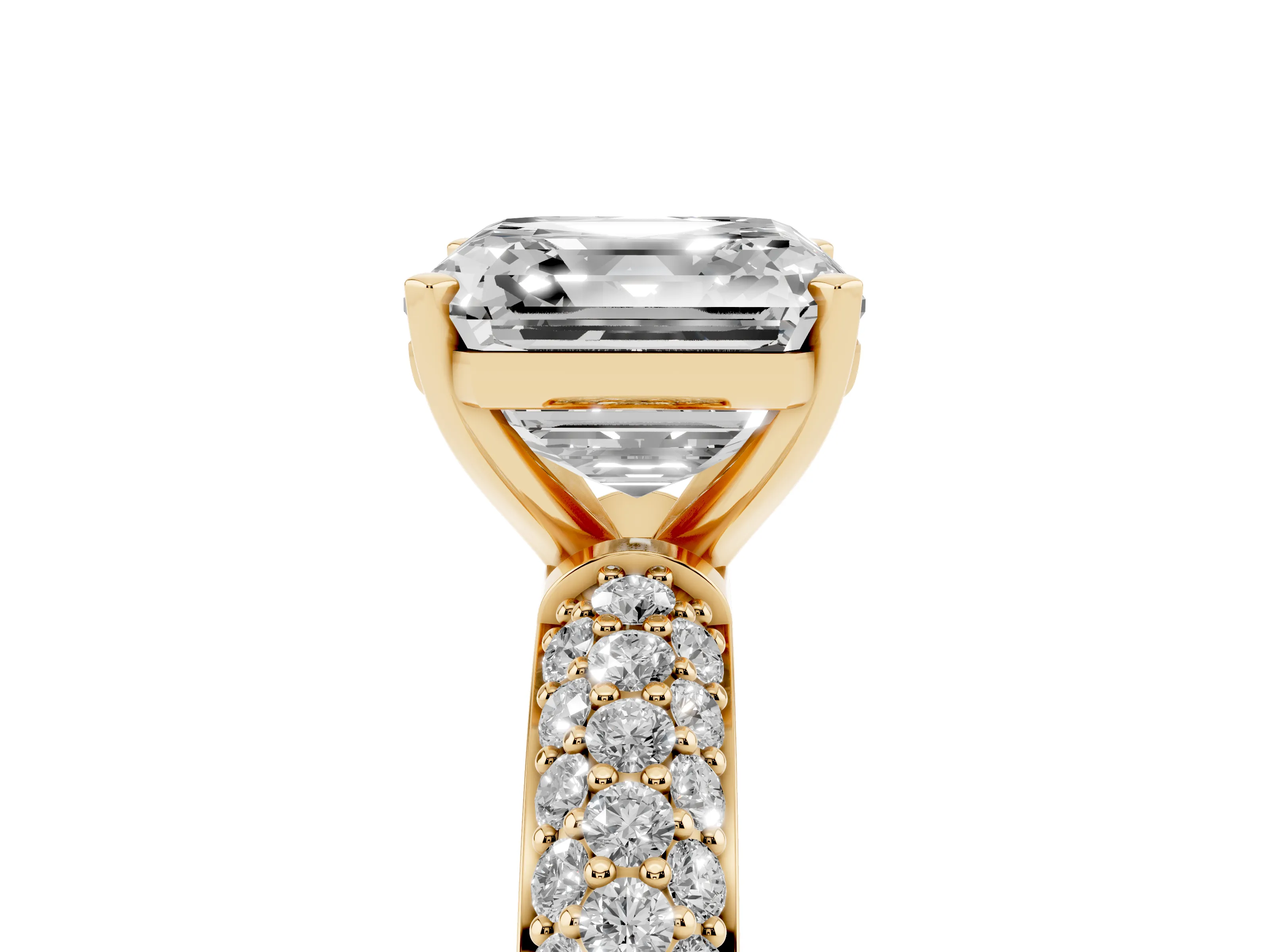 Asscher Cut Diamond Solitaire Ring Set in Yellow gold with Prong Setting and Pavé-Set Band