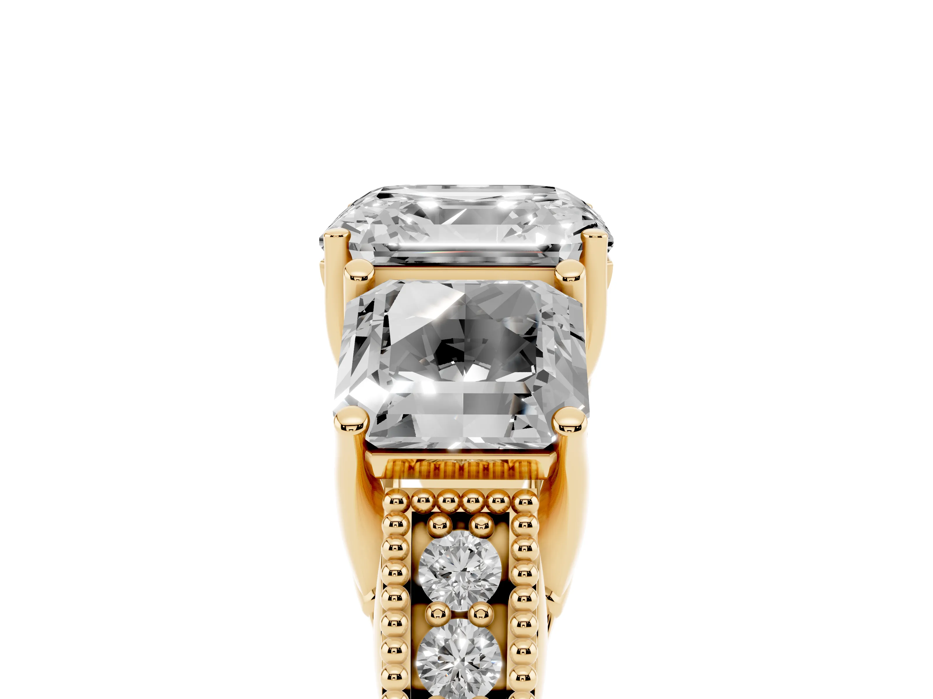Asscher Cut Diamond Three-Stone Engagement Ring Set in Yellow gold with Milgrain Pavé Band