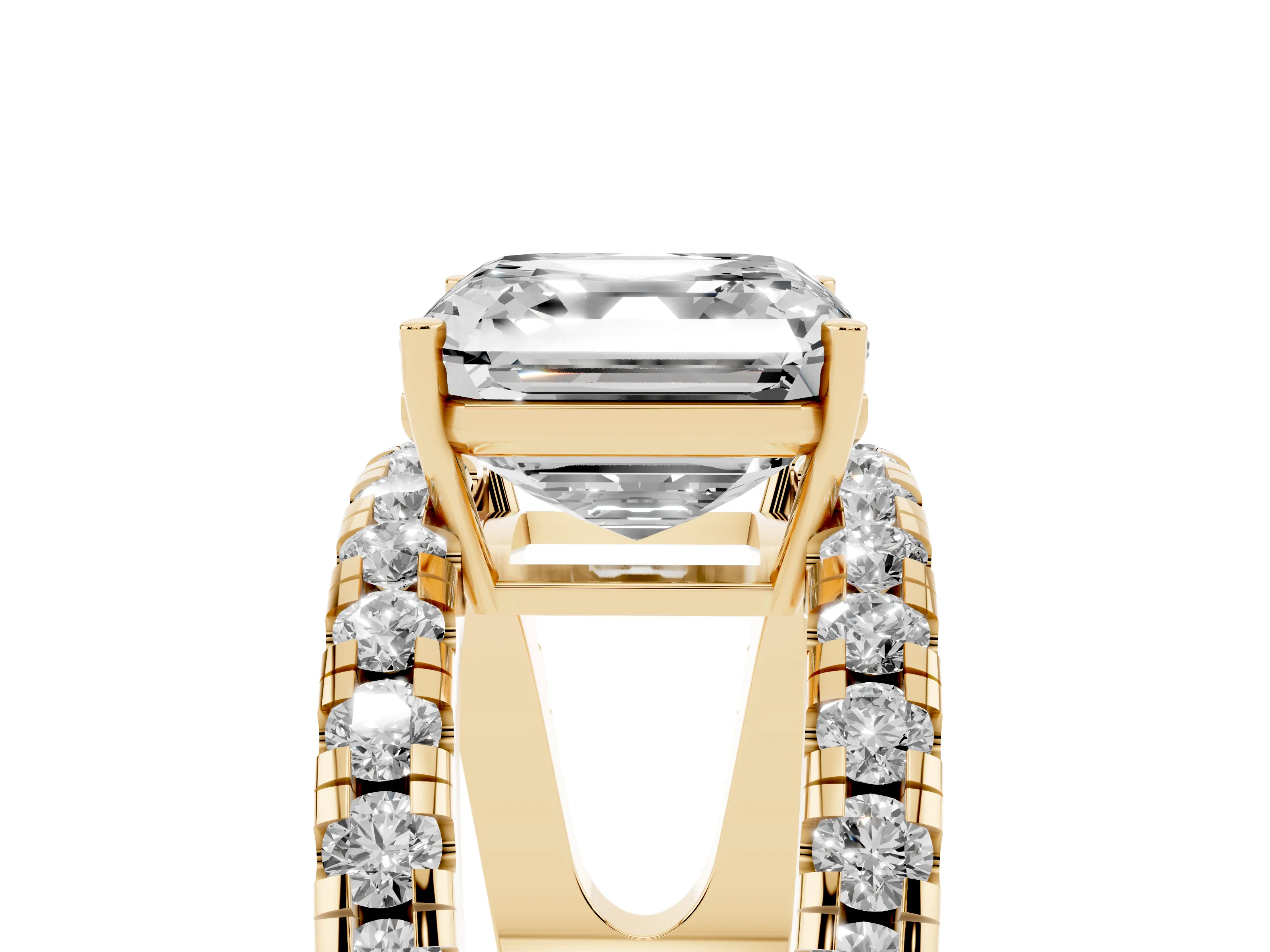 Asscher Cut Diamond Split Shank Pavé Solitaire Ring Set in Yellow gold with Open Shank Design