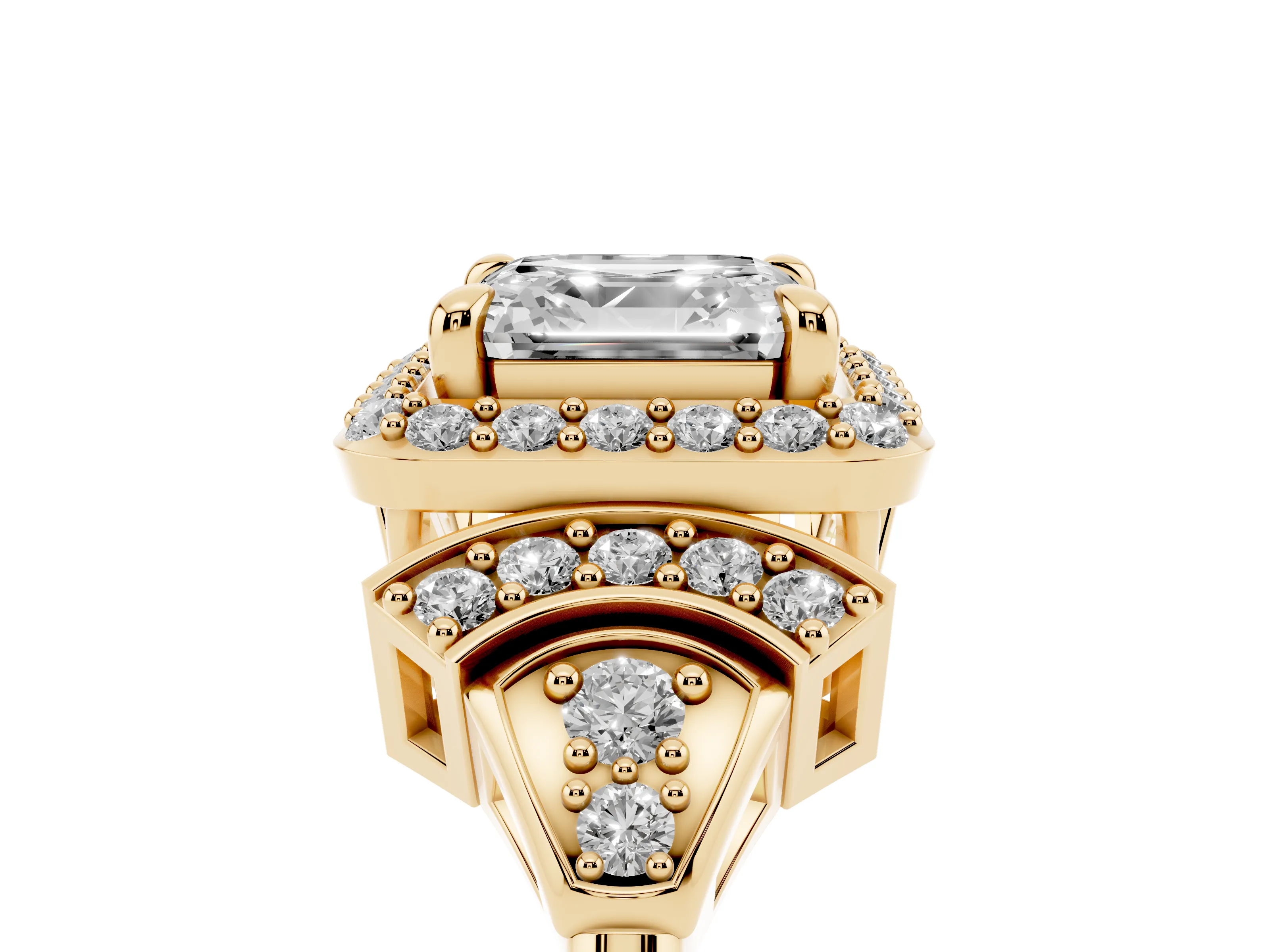 Asscher Cut Diamond Halo Engagement Ring Set in Yellow gold with Accent Stone Split Shank