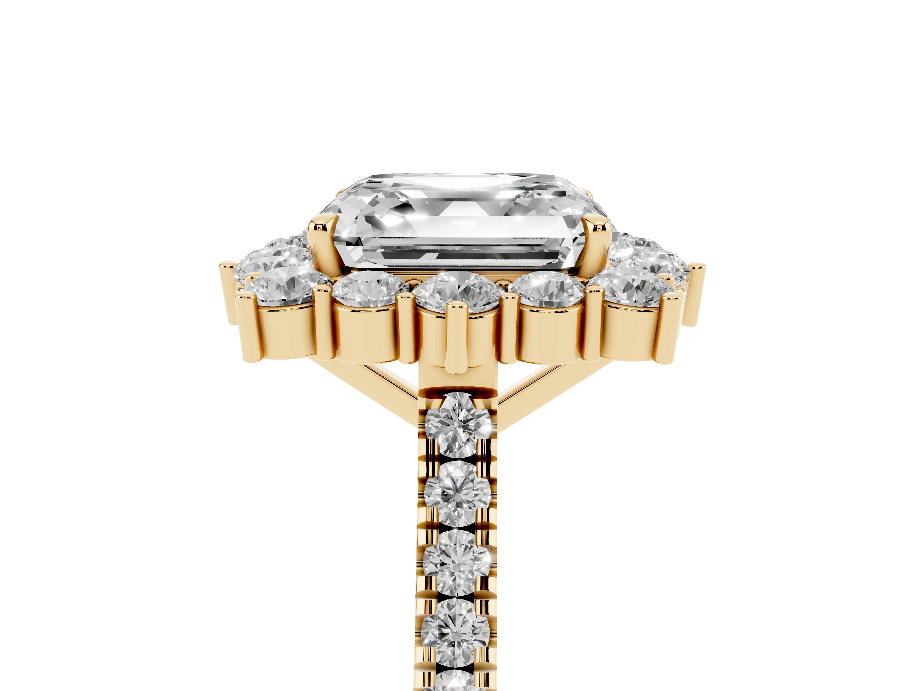 Asscher Cut Diamond Halo Ring Set in Yellow gold with Pavé Band and Prong Setting