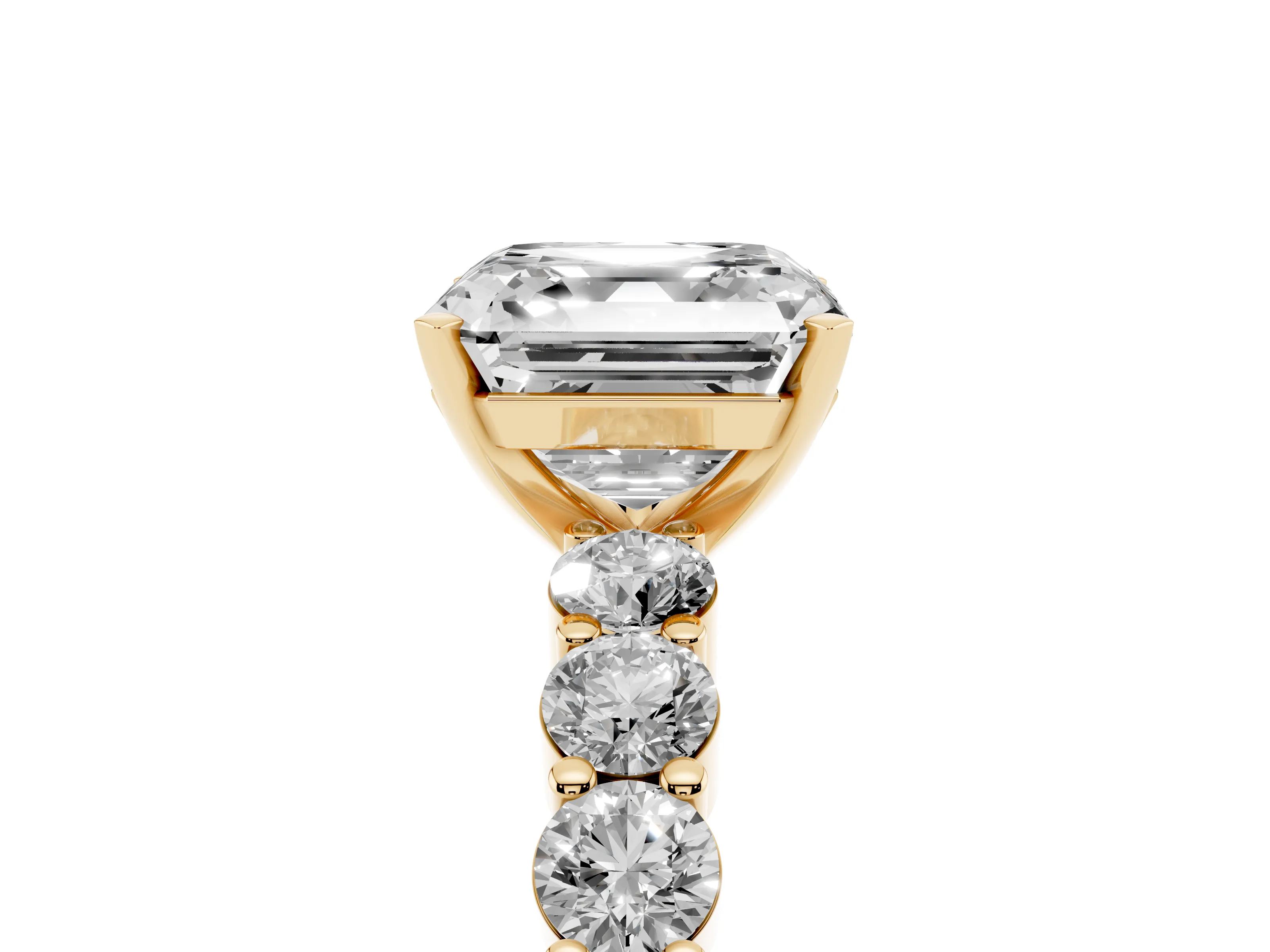 Asscher Cut Diamond Solitaire Ring Set in Yellow gold with Shared Prong Round Side Stones