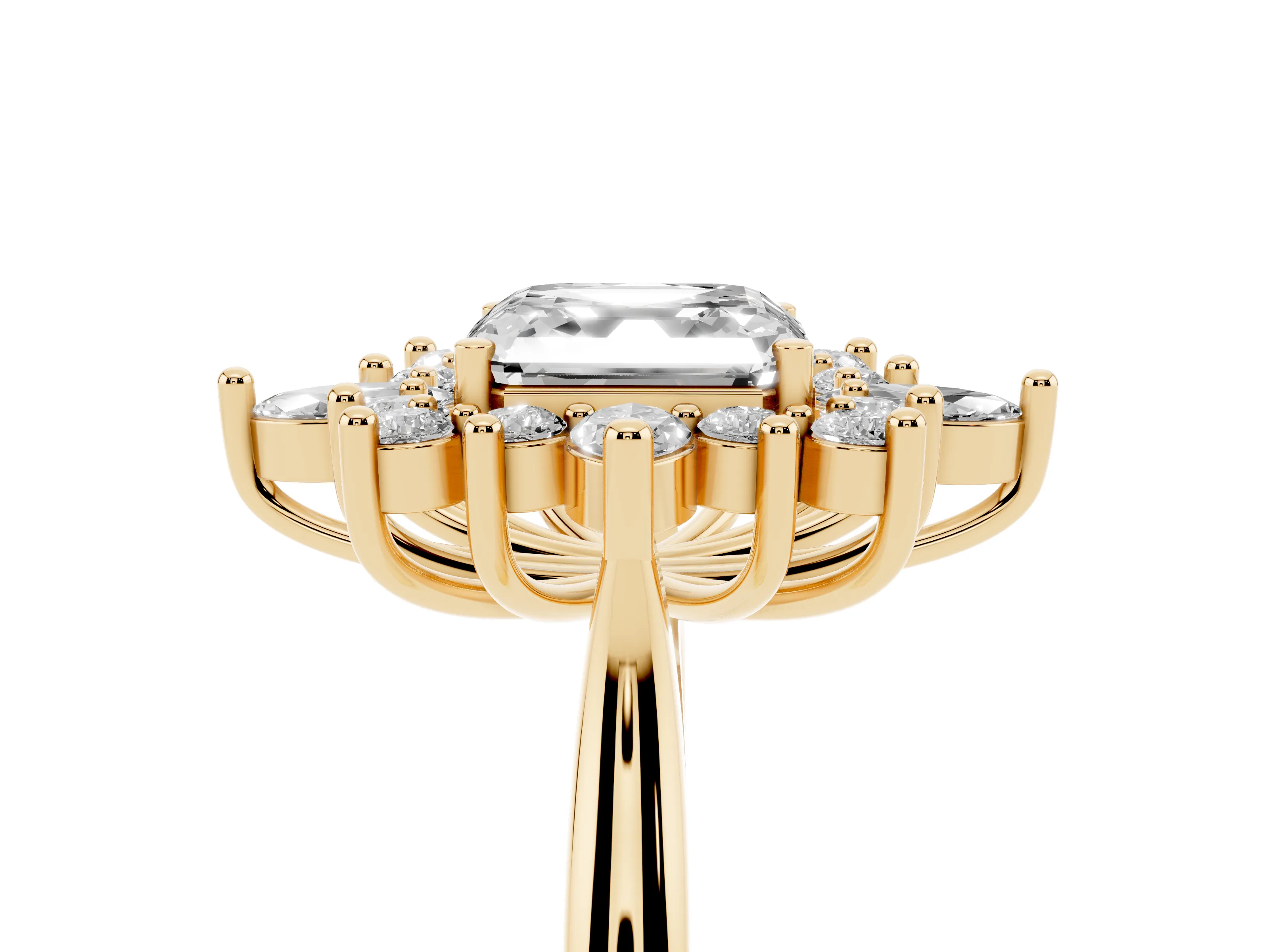 Asscher Cut Diamond Cluster Halo Ring Set in Yellow gold with Marquise and Round Accents