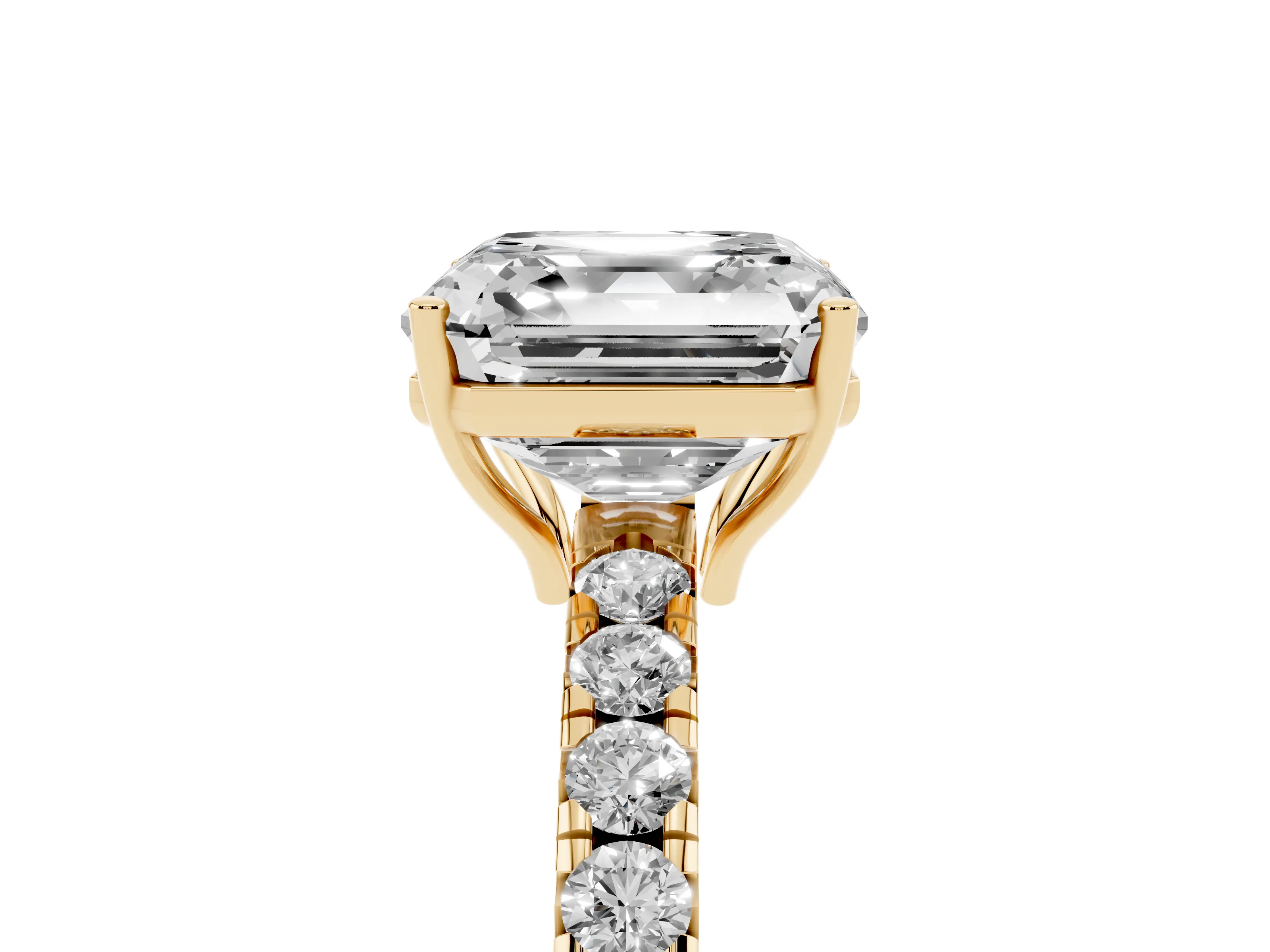 Asscher Cut Diamond Pavé Solitaire Engagement Ring Set in Yellow gold with Prong Setting