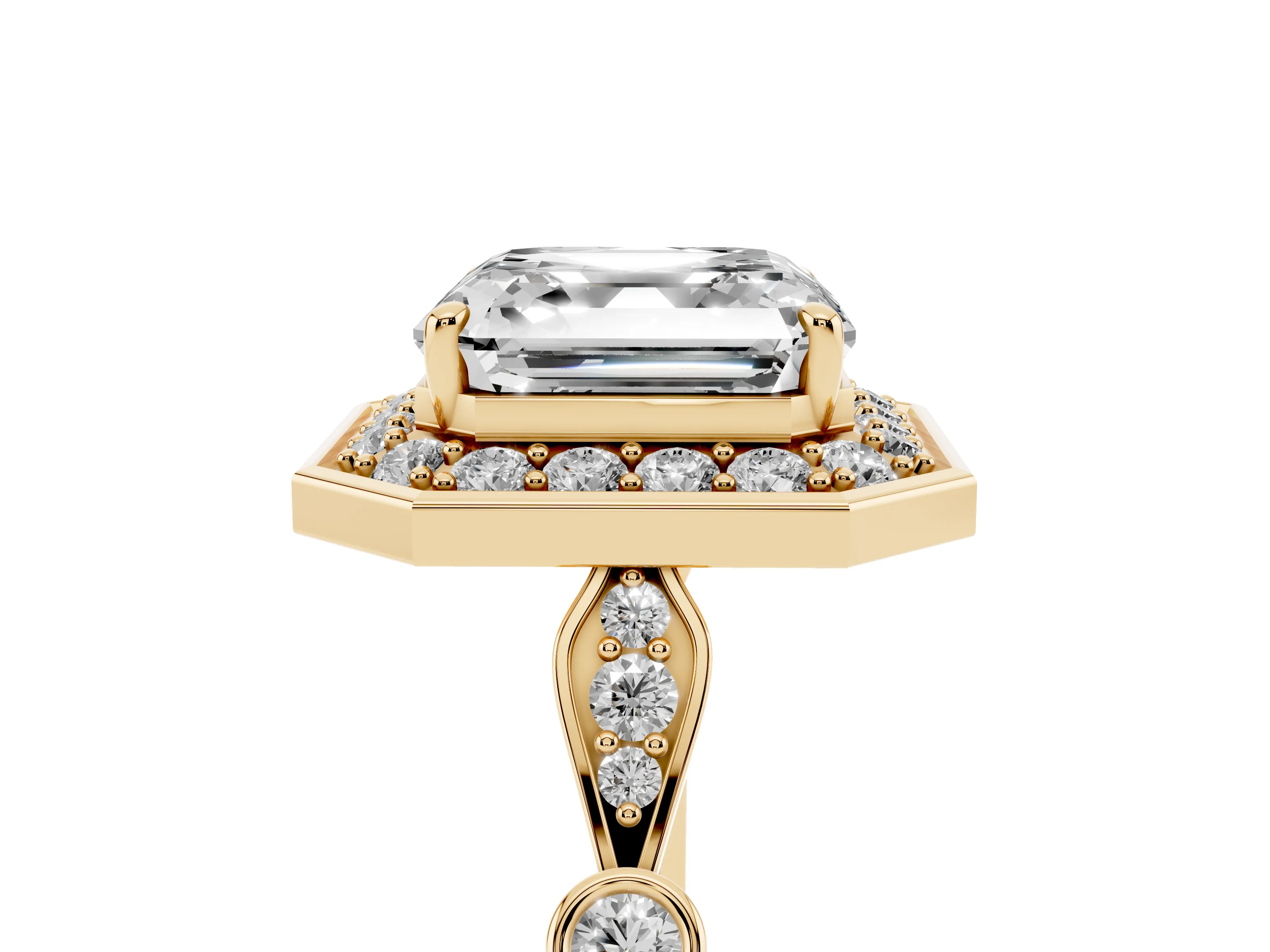 Asscher Cut Diamond Halo Engagement Ring Set in Yellow gold with Twisted Band and Prong Setting