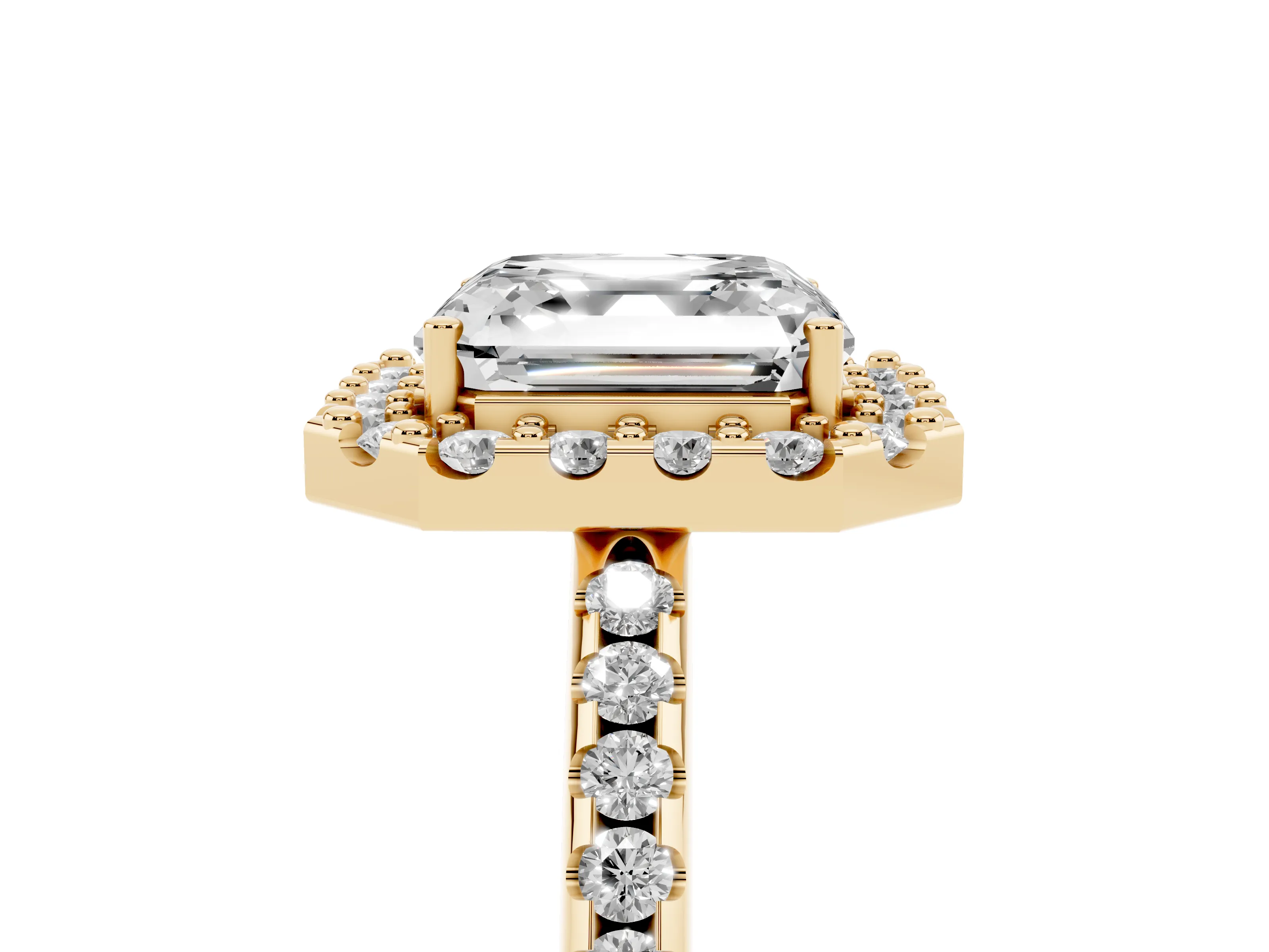 Asscher Cut Diamond Pavé Halo Ring Set in Yellow gold with Prong Setting