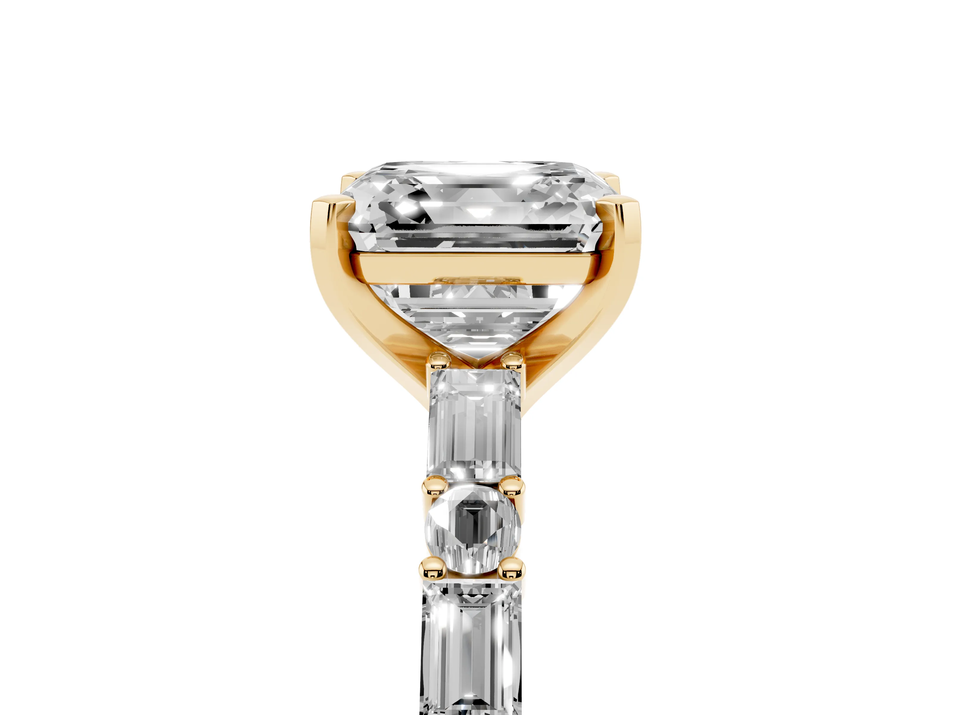 Asscher Cut Diamond Solitaire Set in Yellow gold with Side Baguettes and Channel Set Band