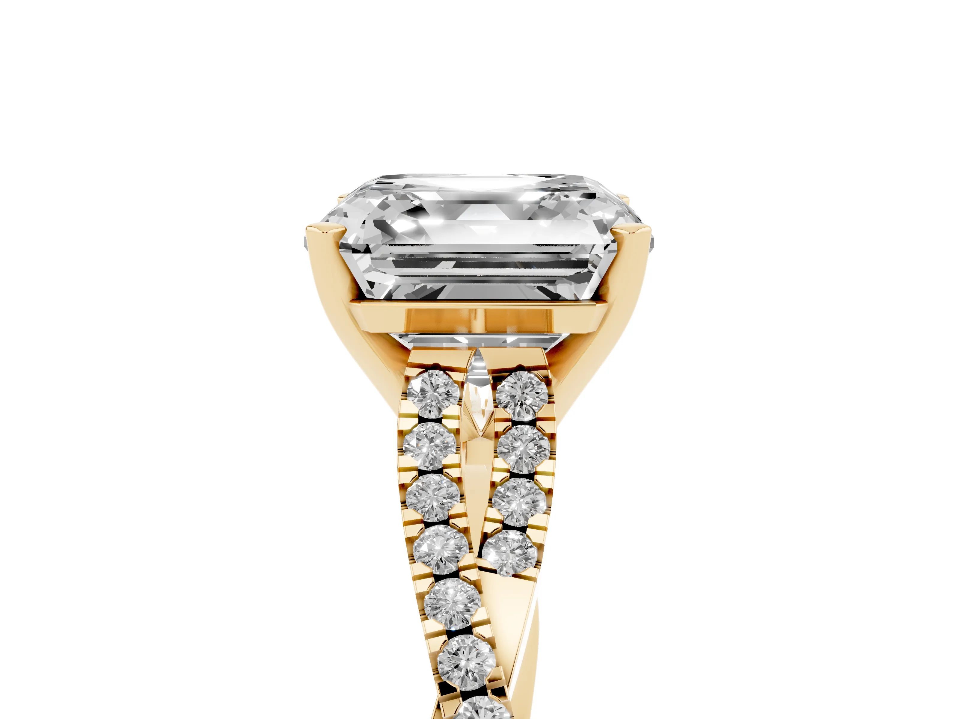 Asscher Cut Diamond Solitaire Engagement Ring Set in Yellow gold with Twisted Pavé Band and Prong Setting