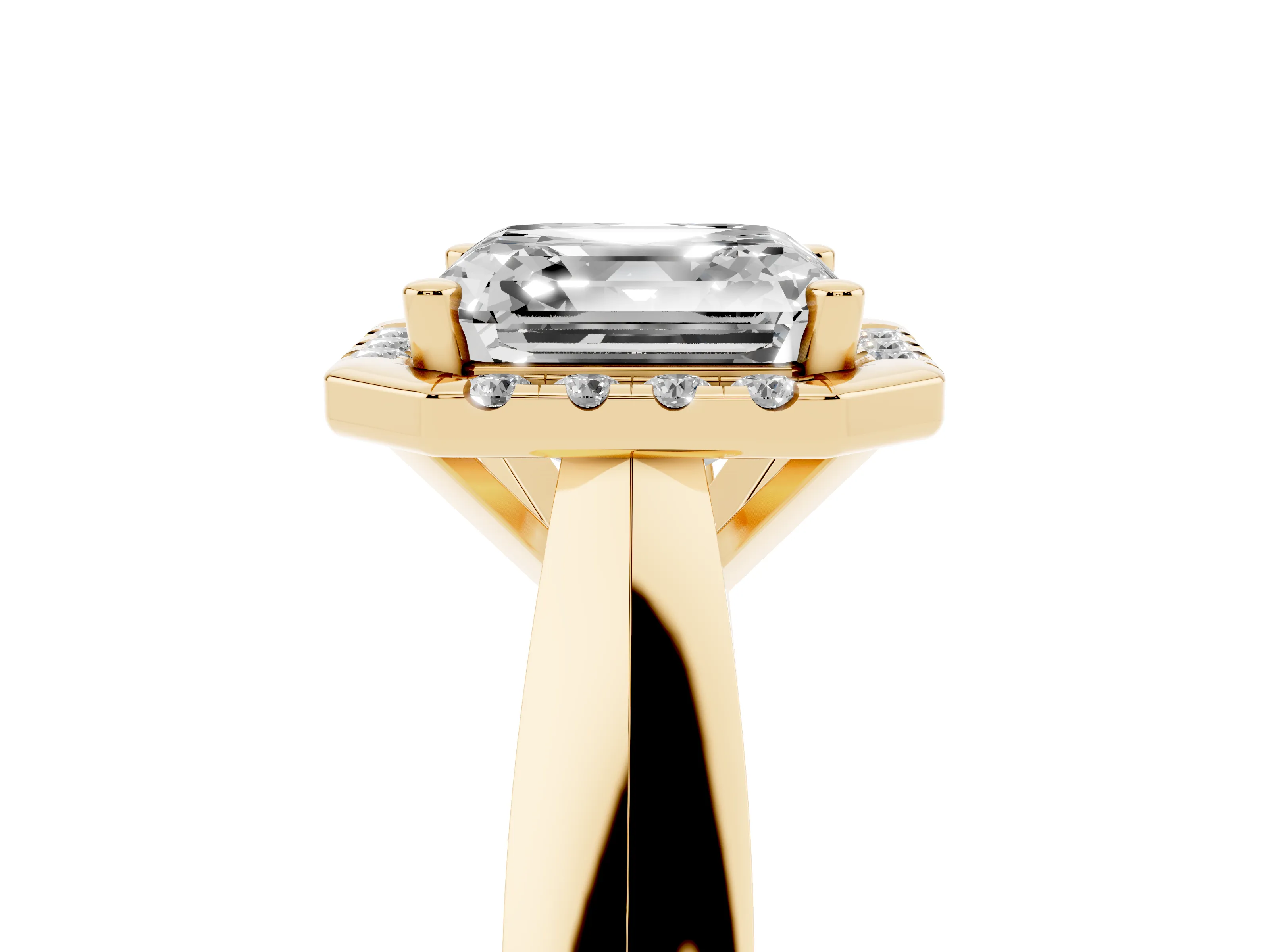 Asscher Cut Diamond Halo Solitaire Engagement Ring Set in Yellow gold with Square Band and Prong Setting