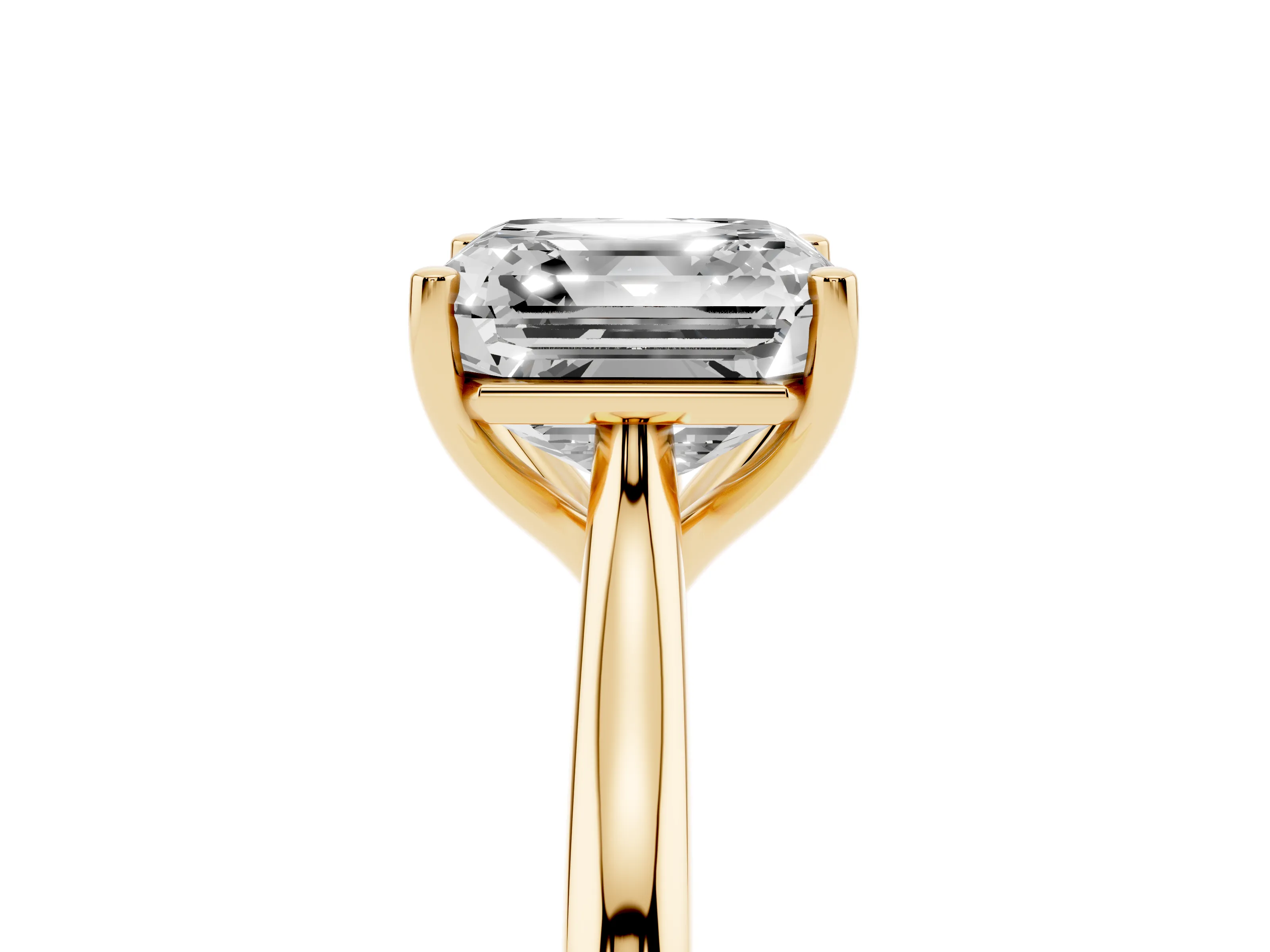 Asscher Cut Diamond Solitaire Ring Set in Yellow gold with Cathedral Band and Prong Setting