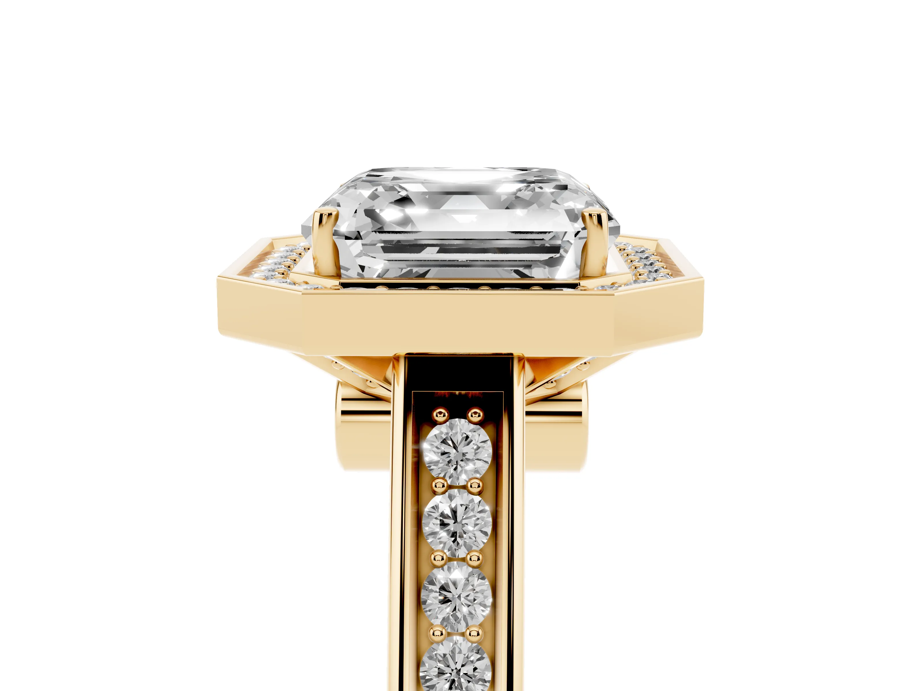 Asscher Cut Diamond Halo Solitaire Ring Set in Yellow gold with Pavé Band and Bezel Setting