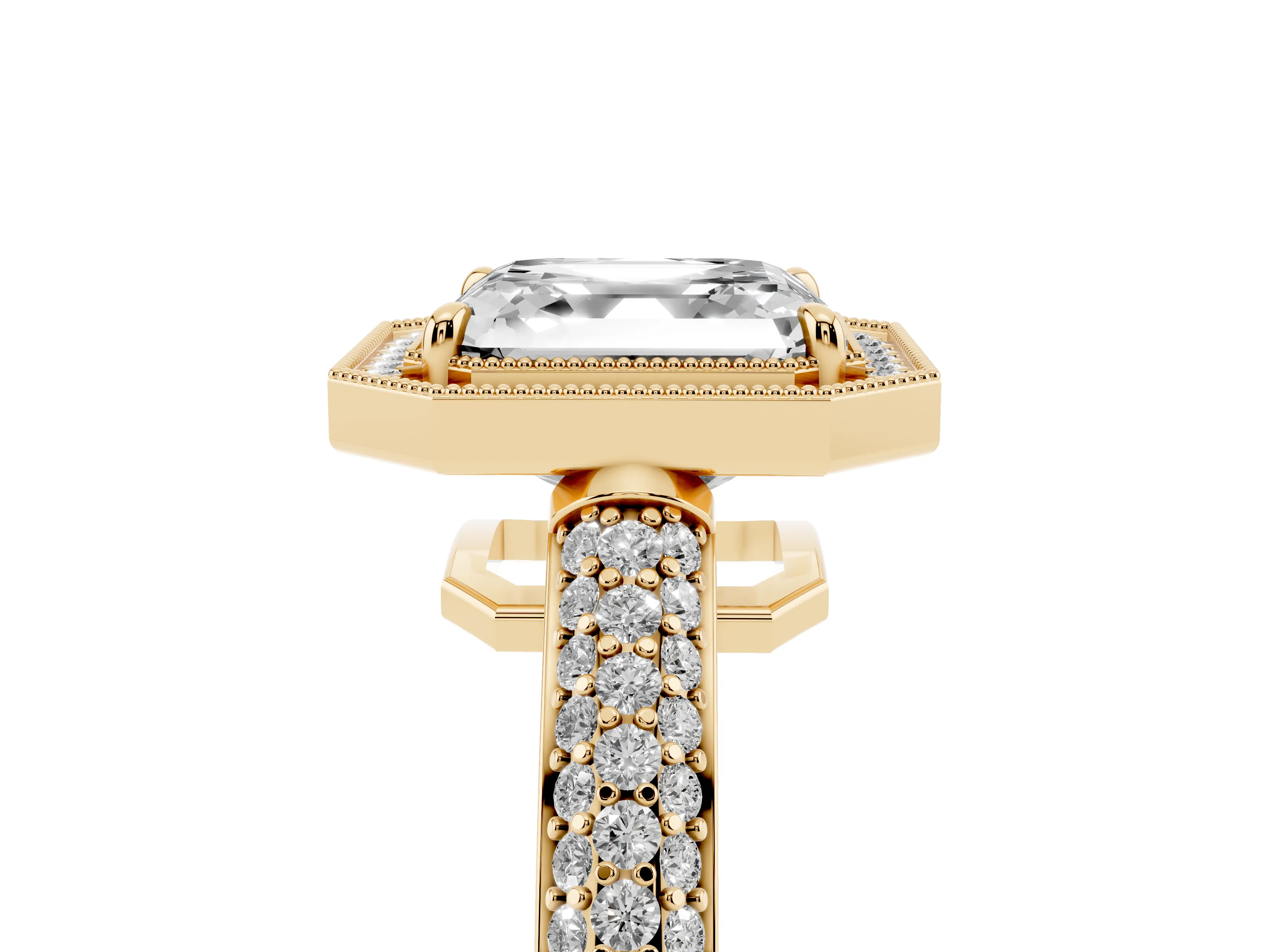 Asscher Cut Diamond Halo Pavé Band Set in Yellow gold with Prong Setting