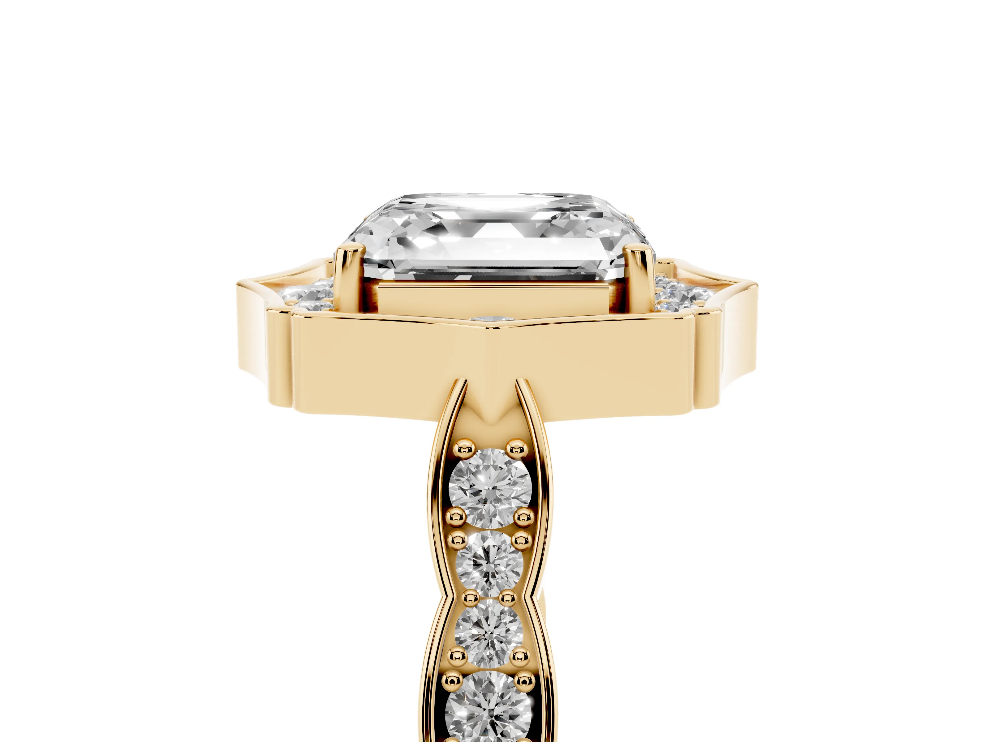 Asscher Cut Diamond Halo Engagement Ring Set in Yellow gold with Milgrain Band and Prong Setting