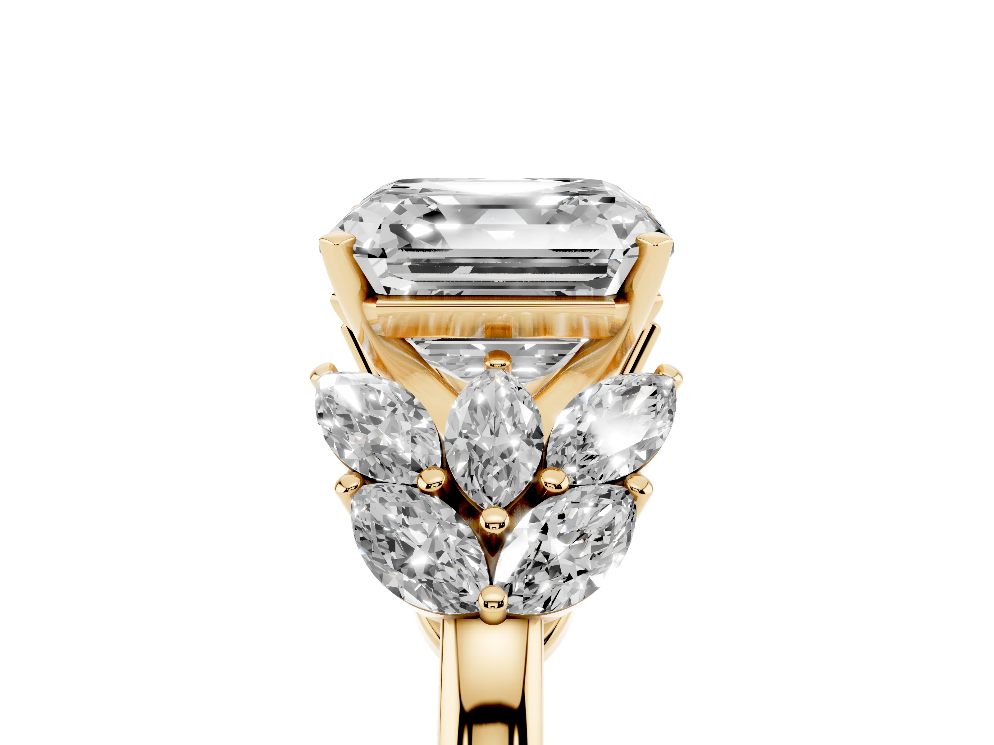 Asscher Cut Diamond Cluster Leaf Design Ring Set in Yellow gold with Prong Setting