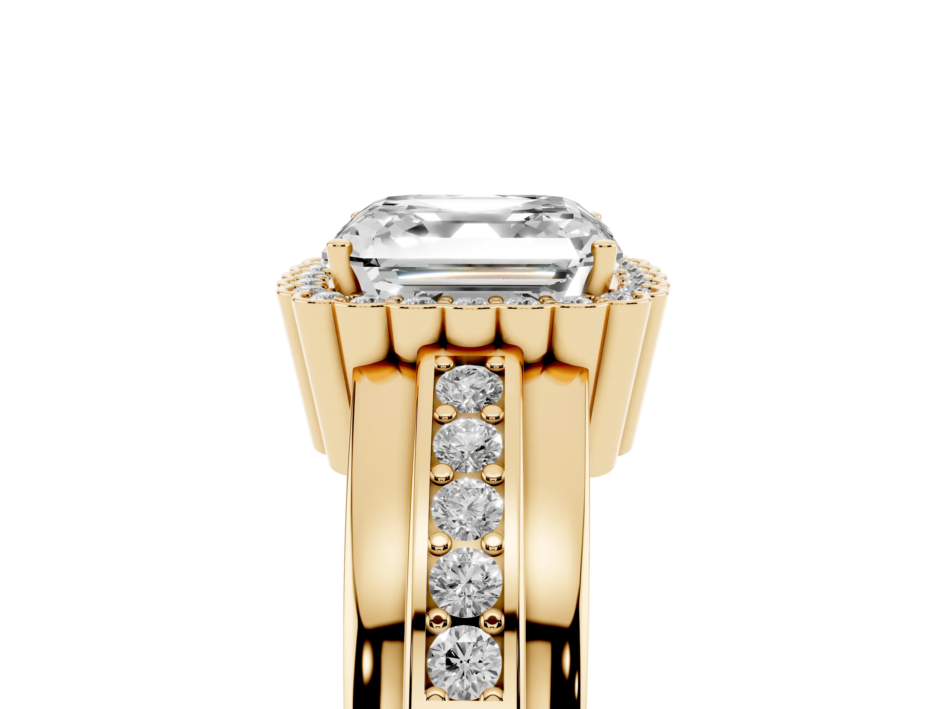 Asscher Cut Diamond Halo Prong Ring Set in Yellow gold with Pavé Band