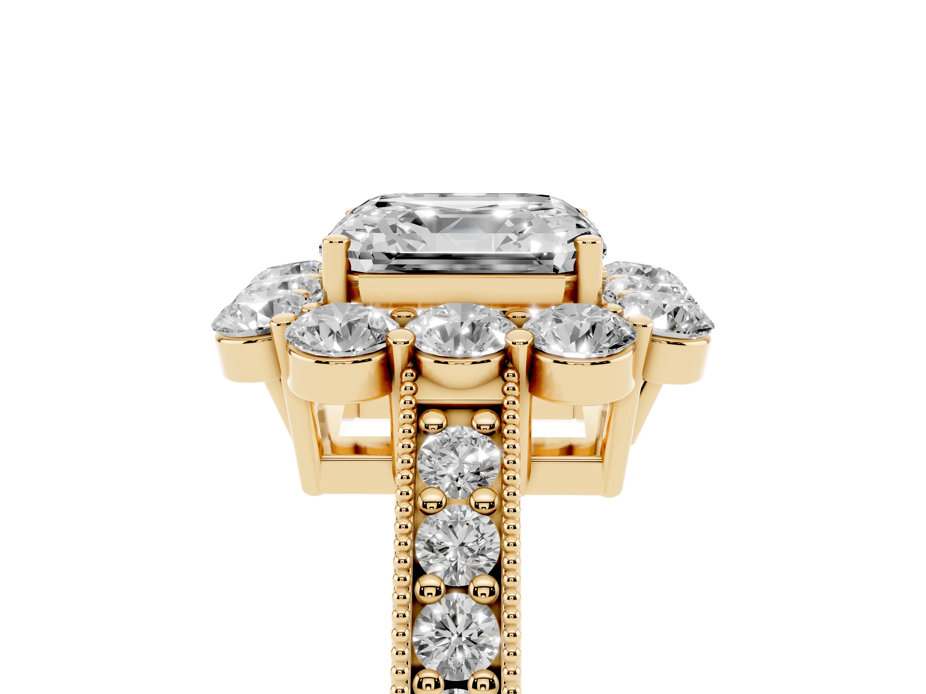 Asscher Cut Diamond Halo Pavé Engagement Ring Set in Yellow gold with Milgrain Detailing