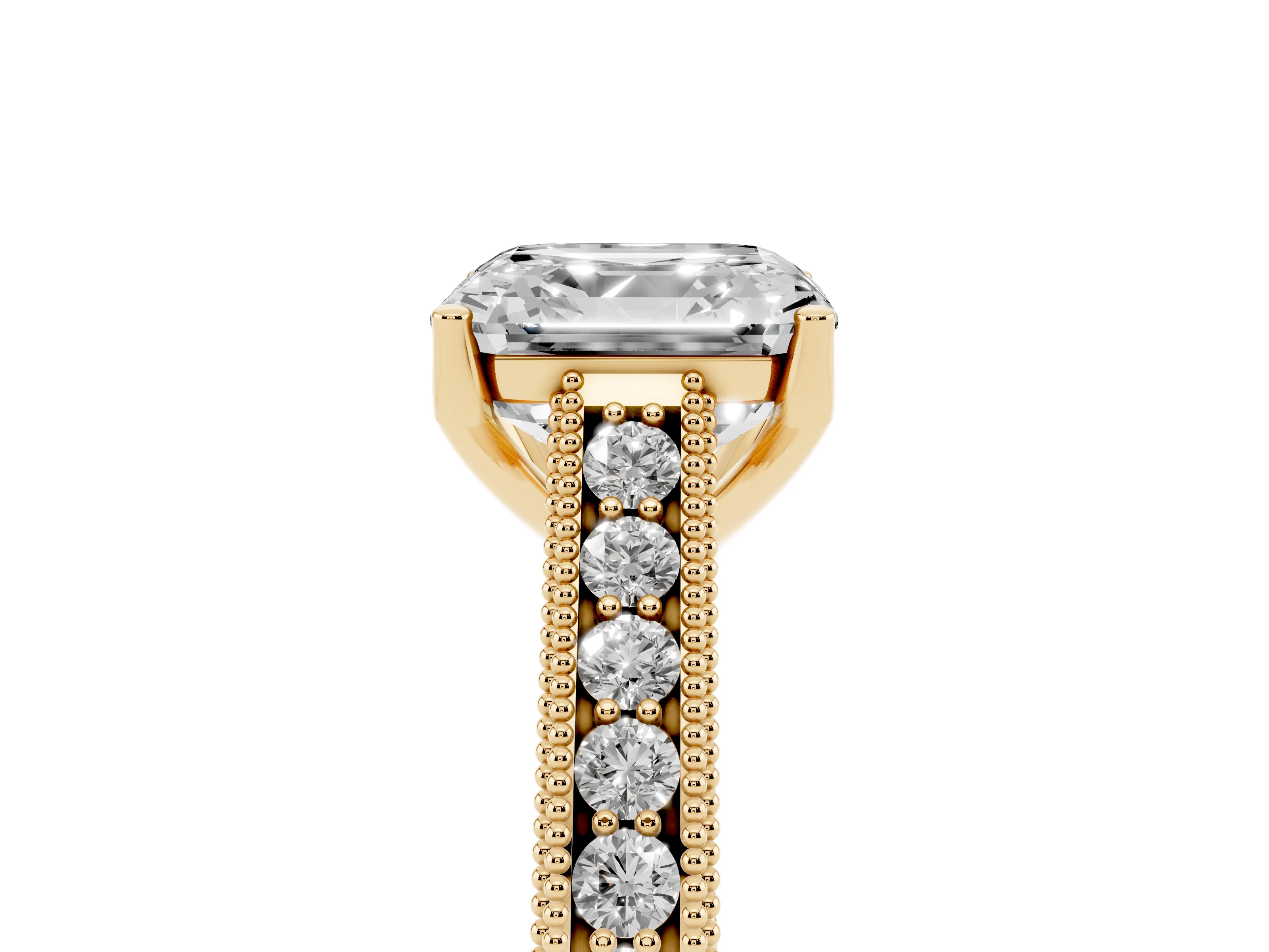 Asscher Cut Diamond Milgrain Pavé Band Solitaire Ring Set in Yellow gold with Prong Setting